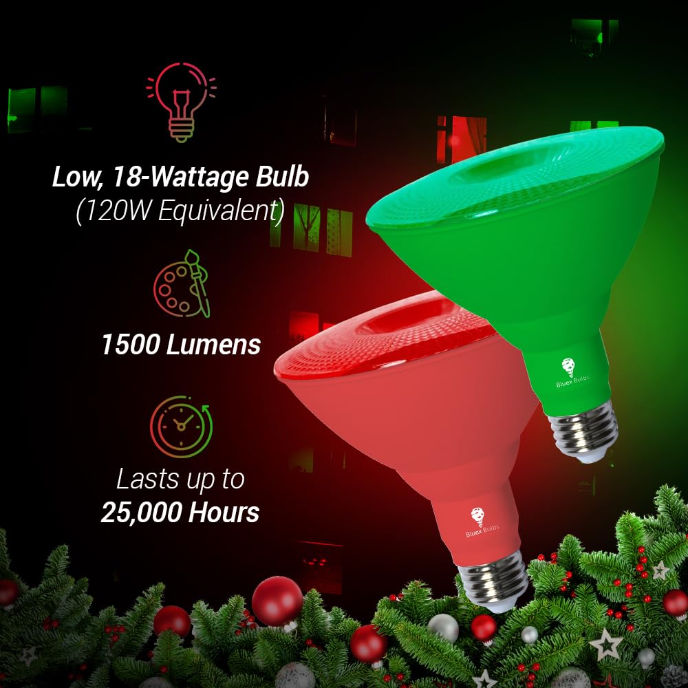 Bluex Bulbs 4 Pack PAR38 LED Flood Light - Dimmable Green Red 18W Lights for Party, Porch, Home Christmas Decor