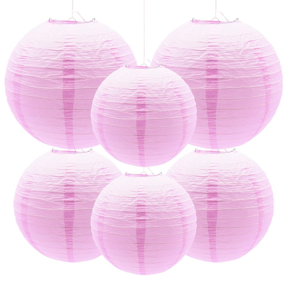 Yosawa 6 Pcs Paper Lanterns, Decorative Round Hanging Lanterns, 8” 10” 12”, Pink, Model ZD-Pink for Party, Wedding, Halloween, Home