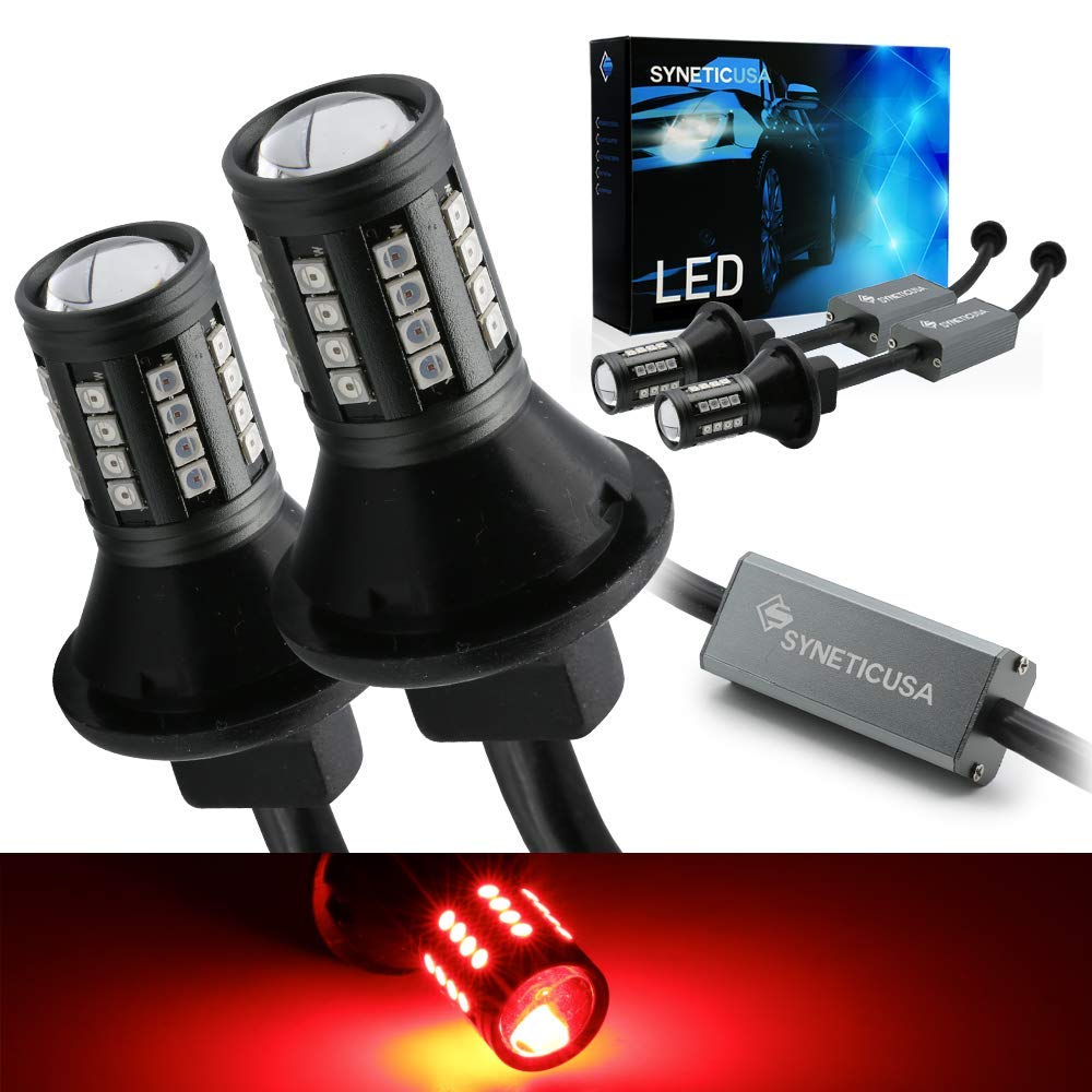Syneticusa 3157 Red LED Brake Parking Tail Stop Turn Signal Light Bulbs, Error Free, Canbus Ready, Built-In Resistors