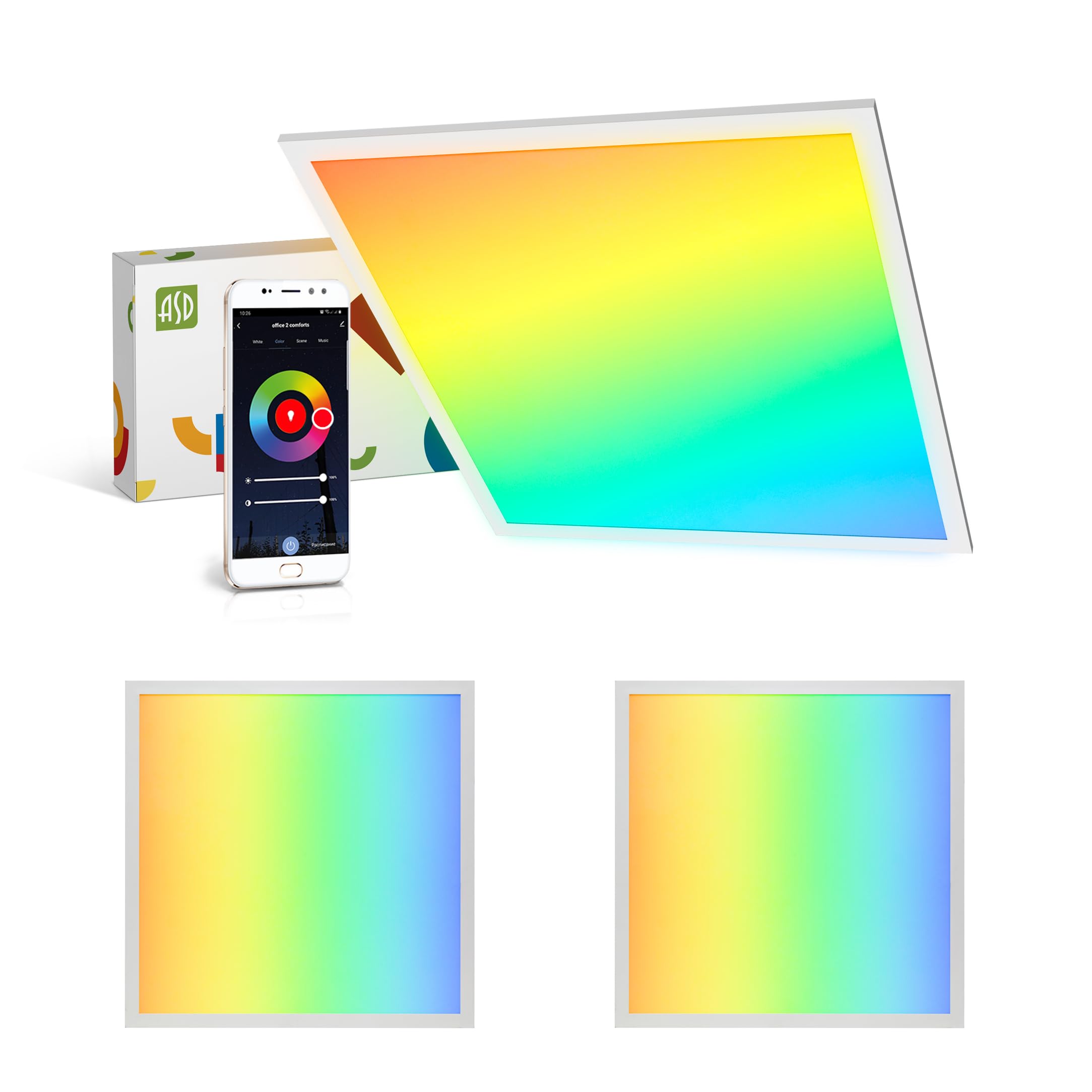 ASD 2 Pack 2x2 Smart RGBW LED Flat Panel Light - 35W UL | 4420LM 3500K 4000K 5000K Selectable Dimmable 2x2 LED Drop Ceiling Light Fixture | RGB Lights WiFi App Controlled Alexa & Google Assistant