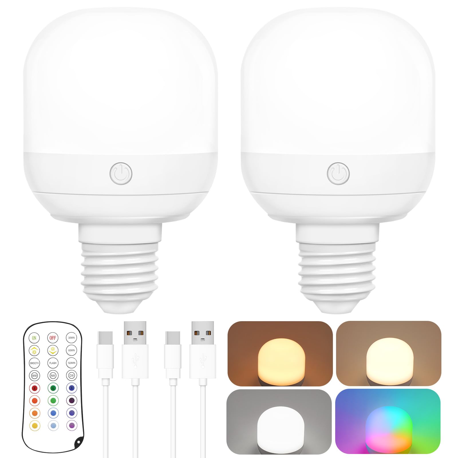 Yochoice 2-Pack Rechargeable Battery Operated Light Bulb With Remote Control, E26 Battery Powered Dimmable Light Bulb With 3 Col