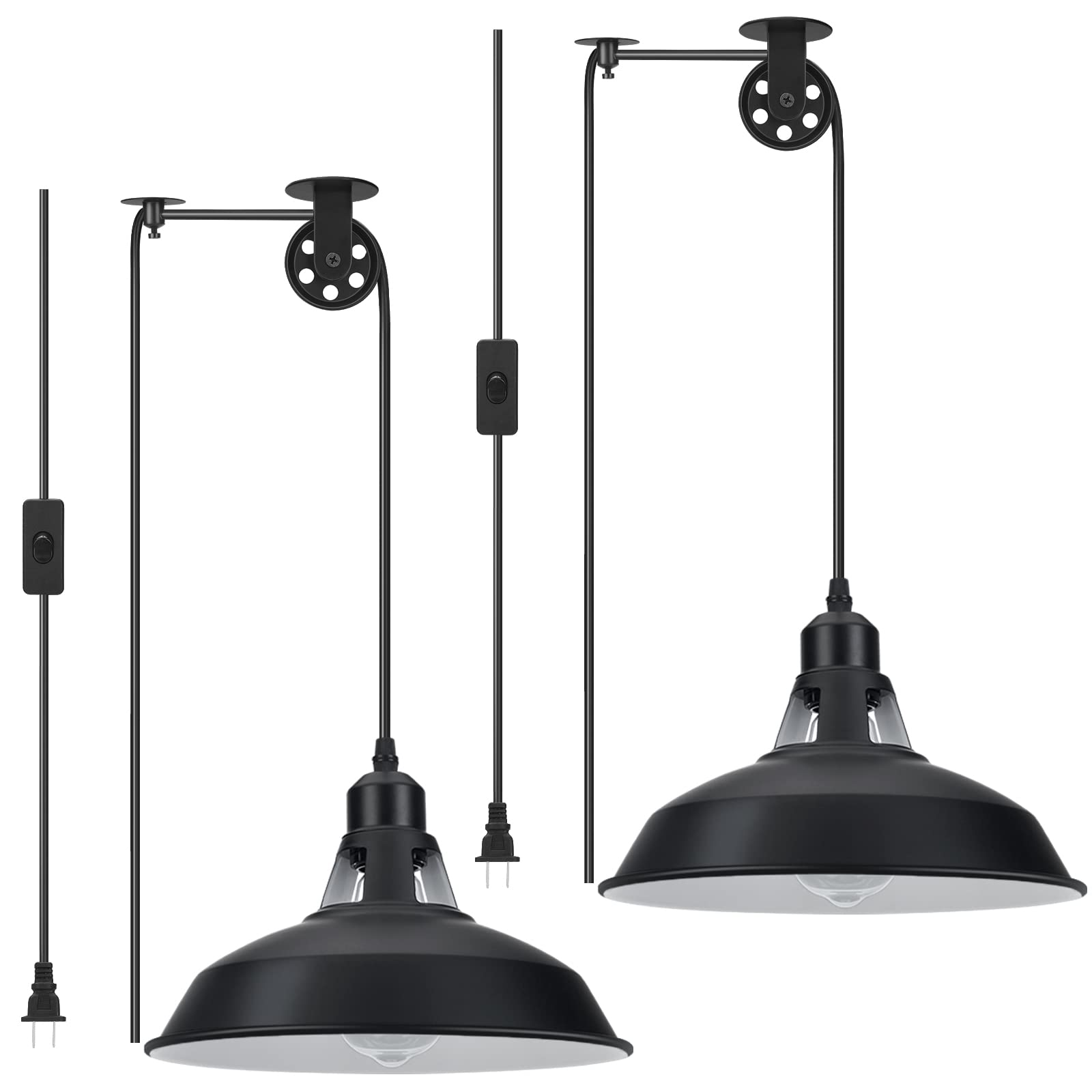 Lomoky Plug in Pendant Light, Black Barn Style, 14.76ft Cord, Adjustable Pulley, 2 Pack, Iron