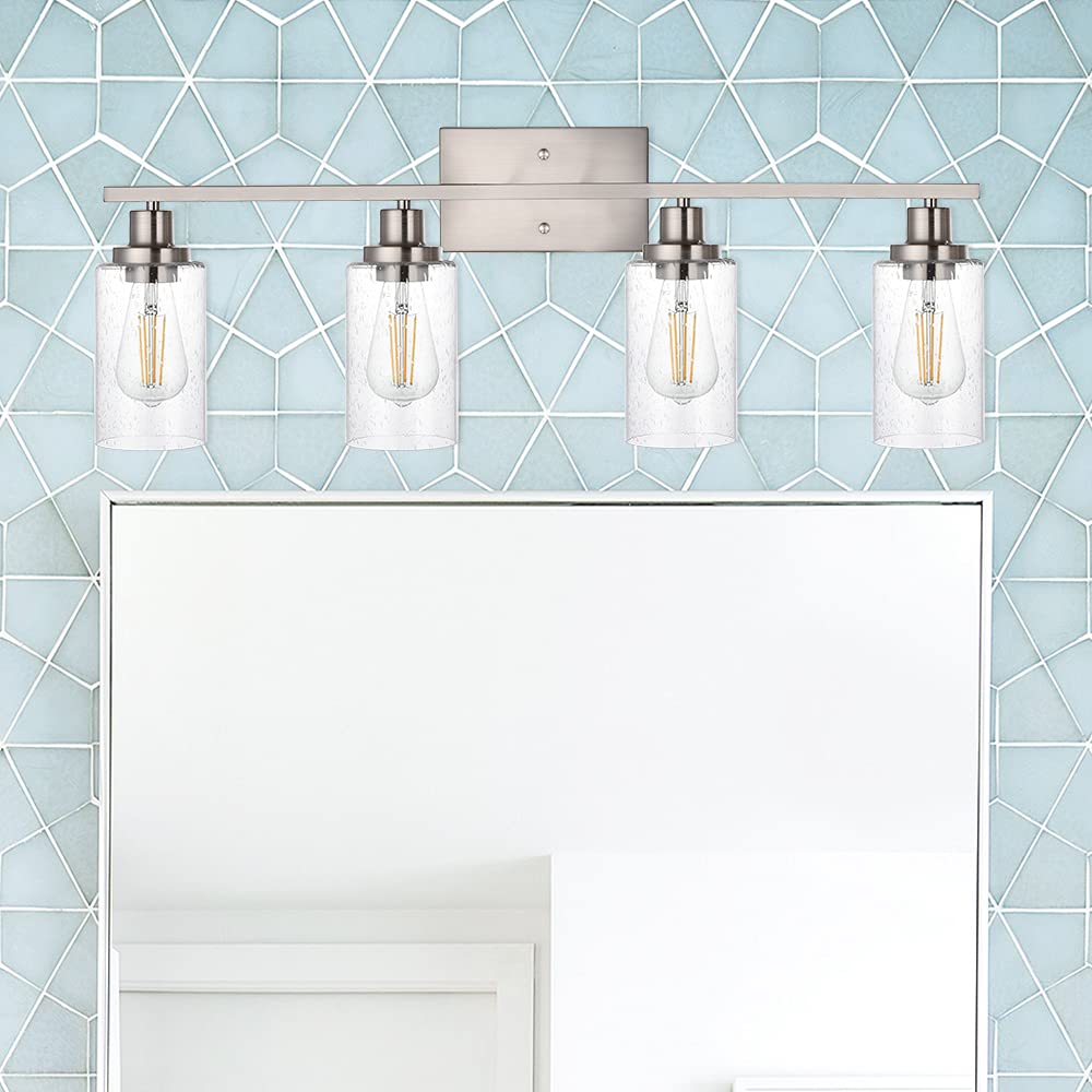 WINSHEN 4-Lights Vanity Light Fixture, Brushed Nickel, 31-Inches, Metal, Bathroom Wall Sconce with Seeded Glass