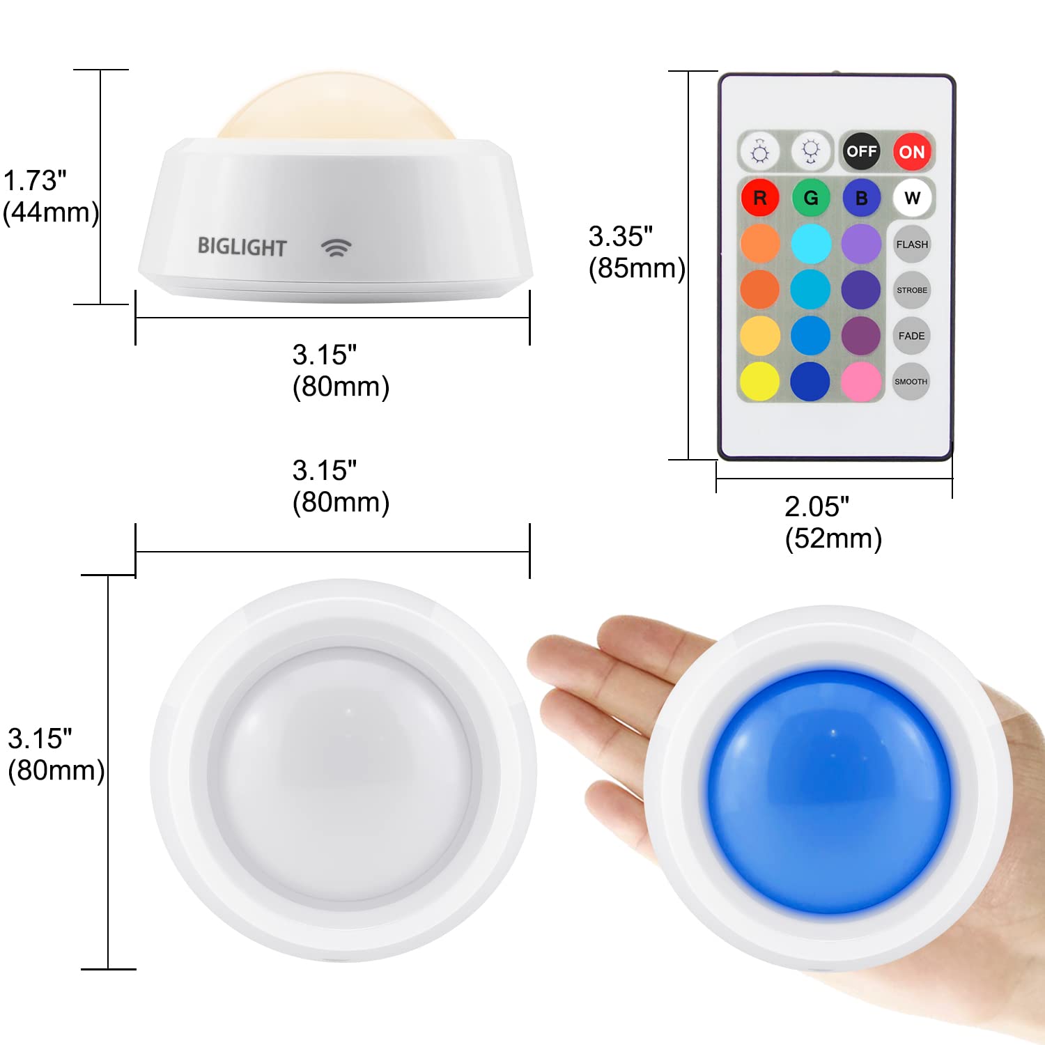 BIGLIGHT Battery Operated LED Puck Lights, Remote Controlled, RGB, 4 Pack, Plastic, M Size, 16 Colors