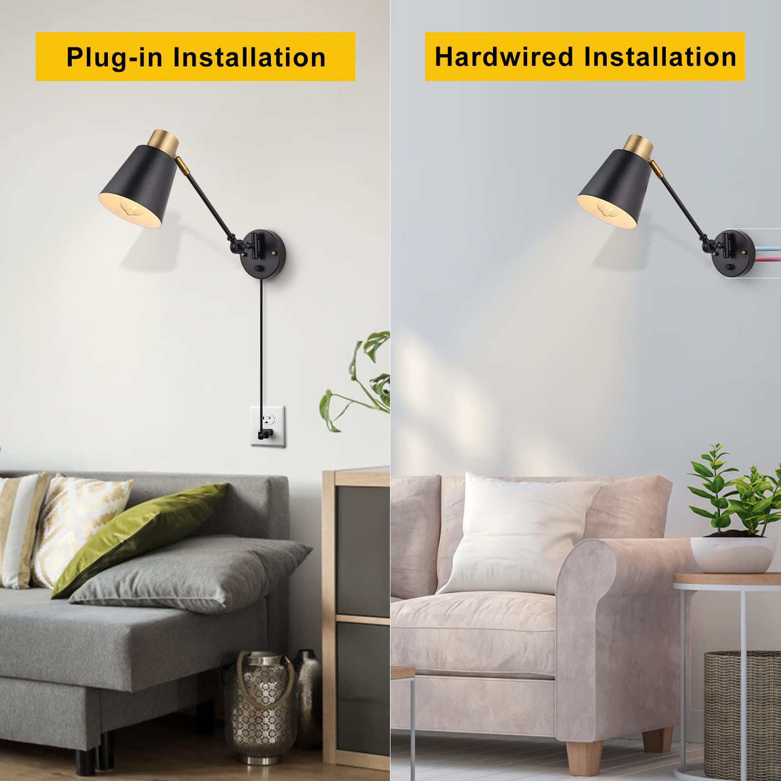 Goodate Dimmable Wall Lamp, Plug-In Swing Arm Sconce, Black Brass Industrial E26 Light
