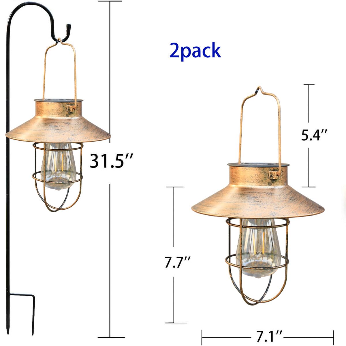 2 Pack Solar Lanterns, Outdoor Hanging Lights Metal With Shepherd Hook Warm White Edison Bulb Design For Garden And Birthday Gif