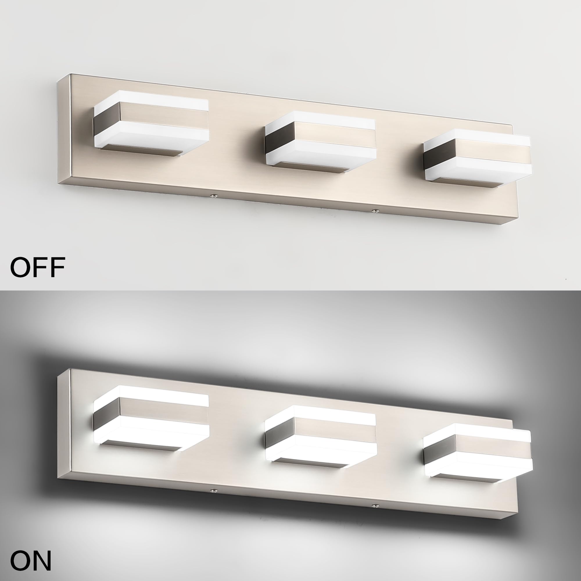 SOLFART Bathroom Vanity Lights - 3-Light Brushed Nickel Fixture, 21.7" Aluminum, Model S8568-3T-6000K-Nickel