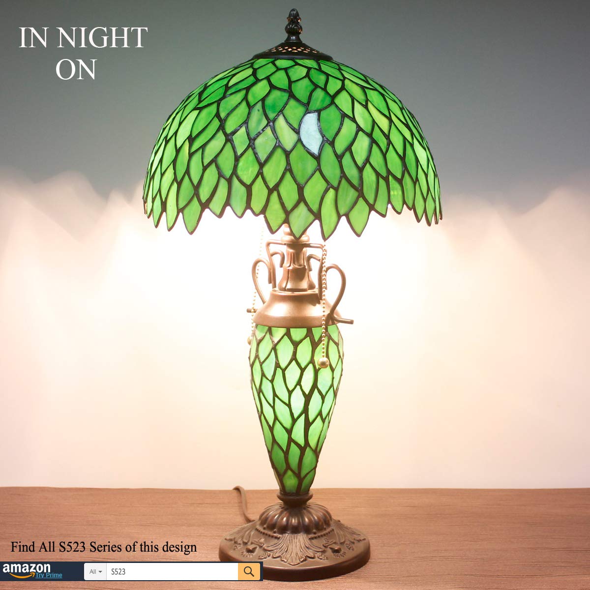 WERFACTORY Tiffany Style Table Lamp, Green Wisteria, 12x12x22 Inches, Glass, Model S523, Ideal for Bedroom or Living Room Decor