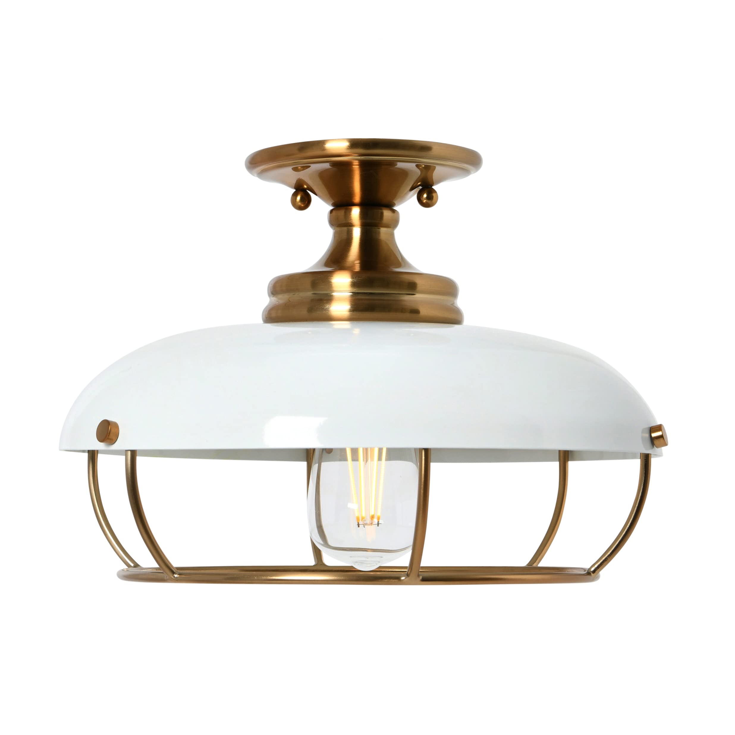 Robert Stevenson Lighting - Presley Caged Dome Metal Semi-Flush Mount Ceiling Light, Brushed Brass and White