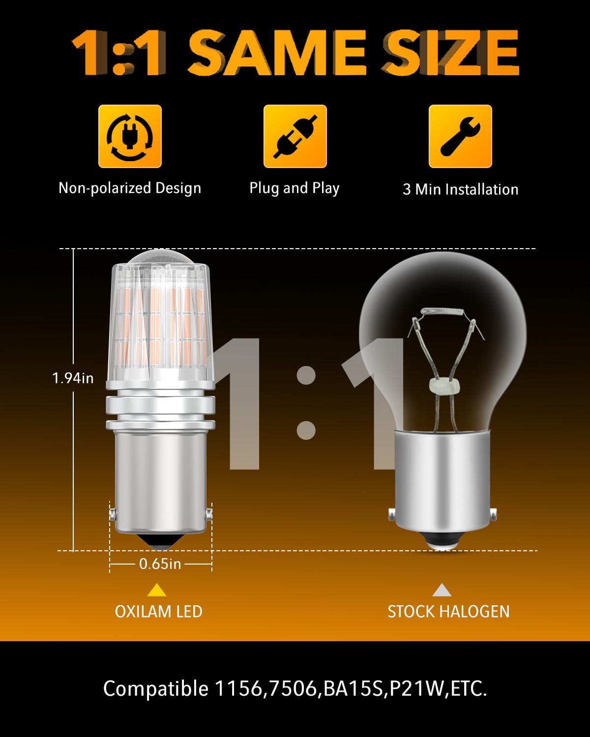 OXILAM 1156 LED Bulb Amber Yellow 7506 BA15S Turn Signal Lights, 600% Brighter Replacement for Front Rear Signal Lights
