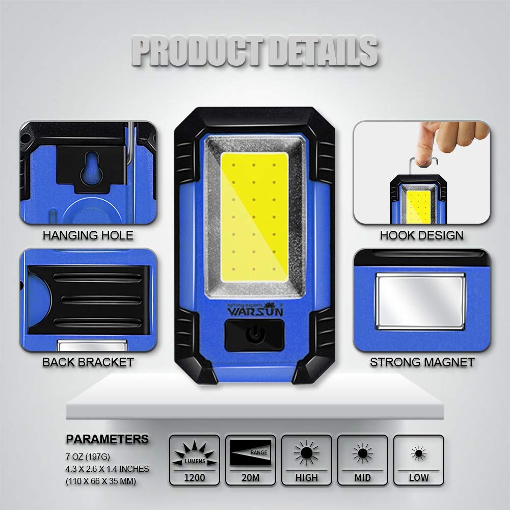 WARSUN 2PC LED Work Lights Rechargeable 30W 1200 Lumens Portable Magnetic Blue, Model Y36, 17 inches