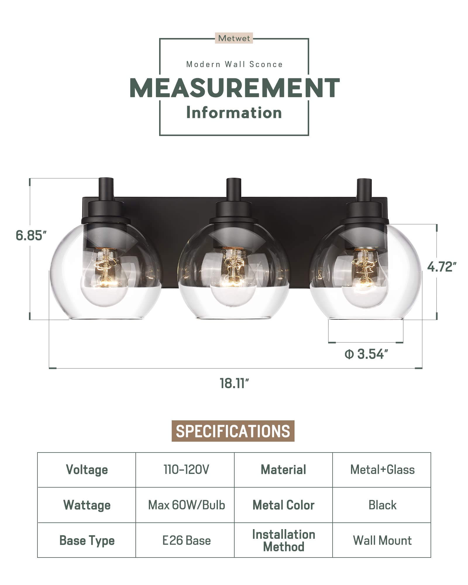 Metwet Bathroom Light Fixtures, 3-Light Matte Black Vanity Light, Modern Wall Sconces With Clear Glass Globe Shade, Bathroom Wal