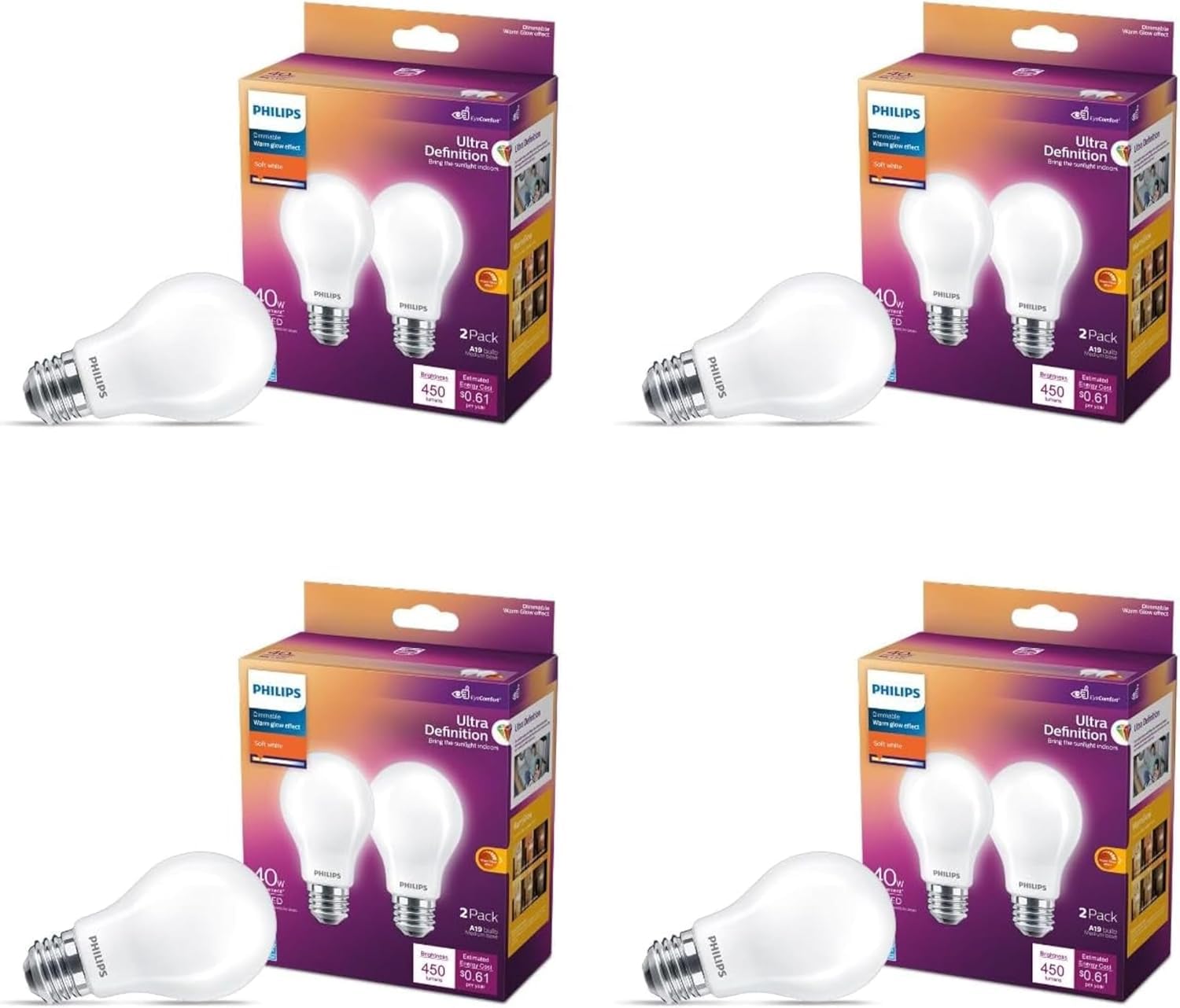 Philips LED Frosted A19 Dimmable Light Bulb, EyeComfort, 8W=60W, Soft White, 8 Count, Model 573436