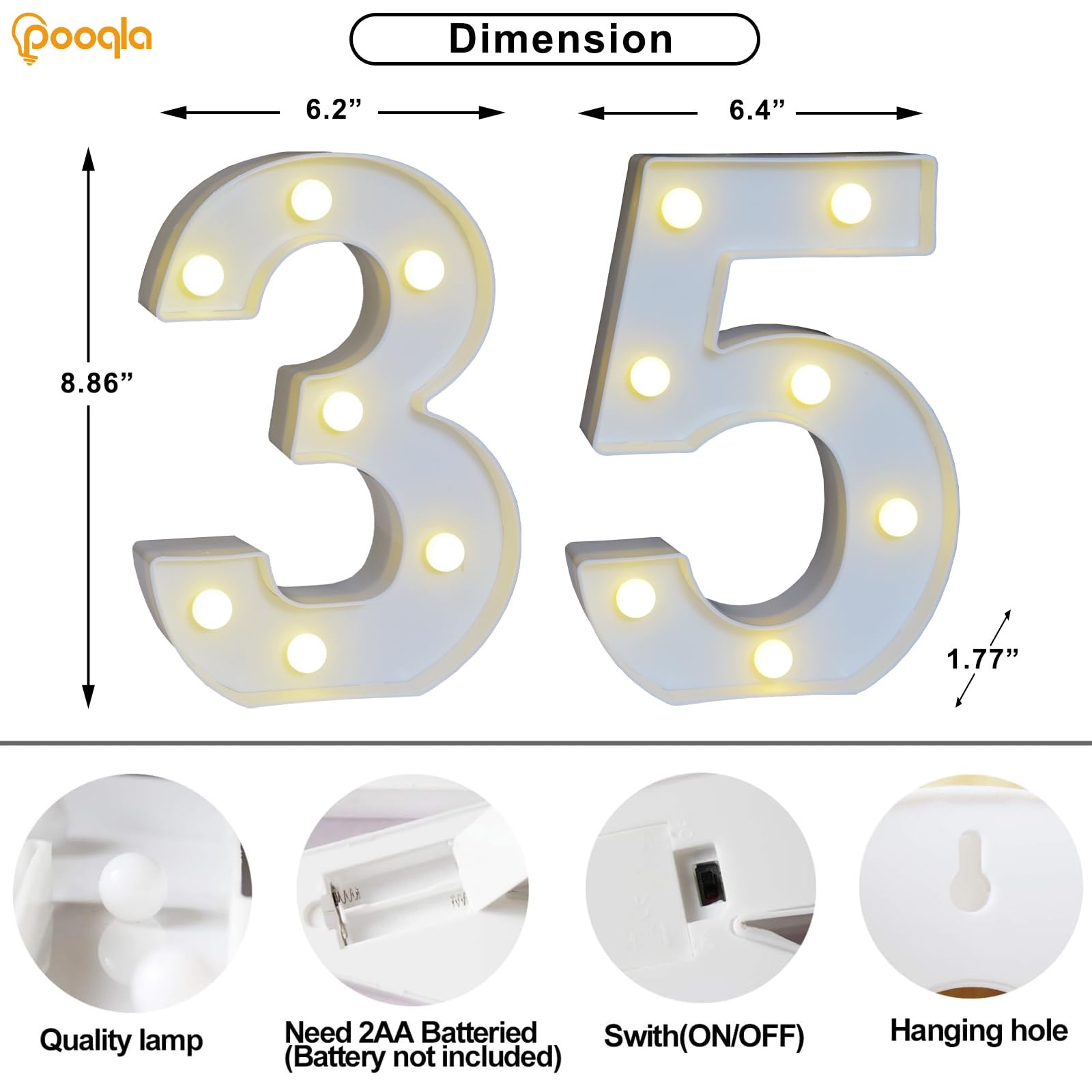 Pooqla Decorative Led Light Up Number Letters, White Plastic Marquee Number Lights Sign For 35Th Birthday Party Wedding Decor Battery Operated Number (35)