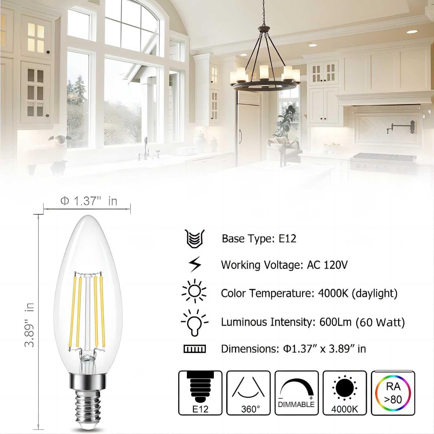 Cotanic Dimmable E12 Led Candelabra Bulb 4000K Daylight, Ceiling Fan Light Bulbs Small Base,60W Equivalent,Type B Bulb For Chandelier,Vintage B11 Led Candle Shape With Clear Glass,600Lm,12 Pack