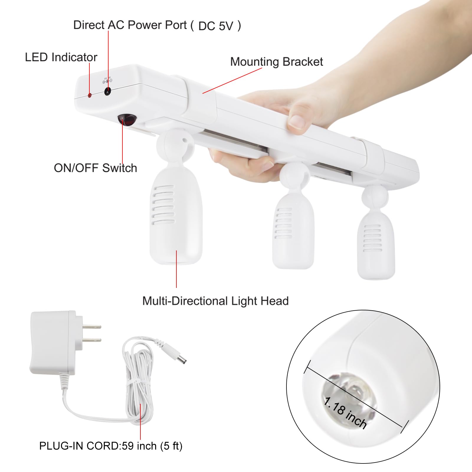 LUXSWAY LED Track Light, Dimmable Accent Spotlight with Remote, 3 Adjustable Heads, White, Model DY1830