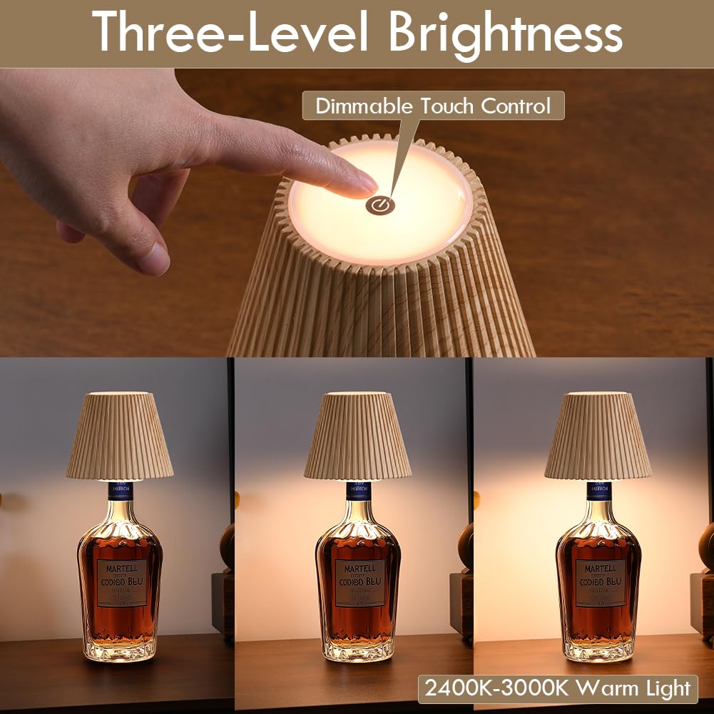 WILIT Wireless Touch Table Lamp - Rechargeable, 3-Level Brightness, Gray Wood Grain Decor for Bedroom & Restaurant