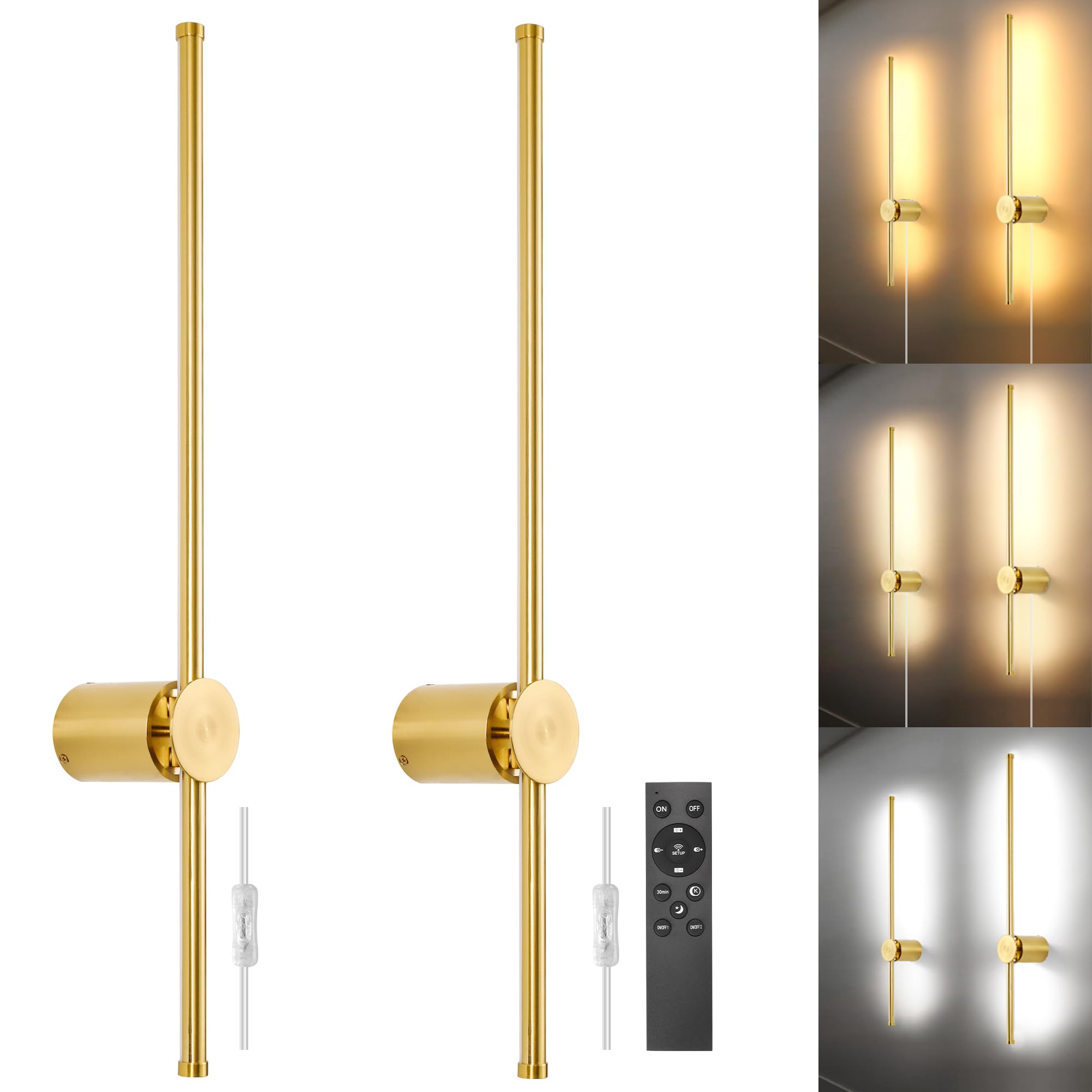 GOODATE Wall Sconces Set of Two, 3000K-6500K Stepless Color, 23.6 Inches, Gold, Hardwire/Plug-in, Model CDG-2