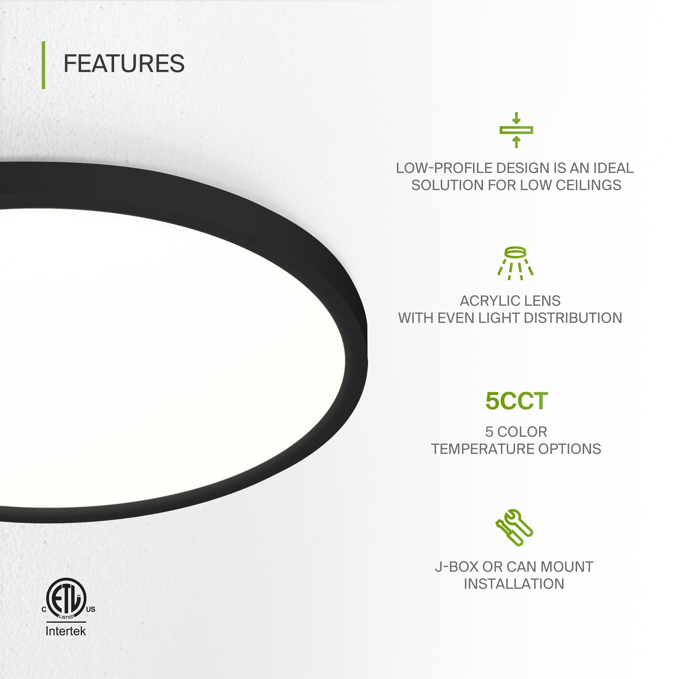 ASD LED Ceiling Light Fixture, 24W 1900LM, Dimmable, 12 Inch, Black, 4 Pack, ETL Listed, Ultra Slim, Flat Panel Lamp