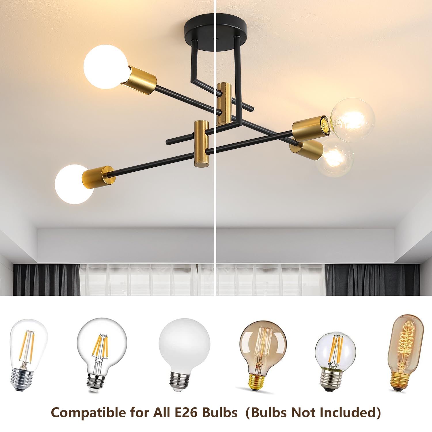 Delipop Sputnik Light Fixture, 4 Light Black And Gold Modern Sputnik Chandelier Ceiling Light, E26 Industrial Metal Semi Flush M