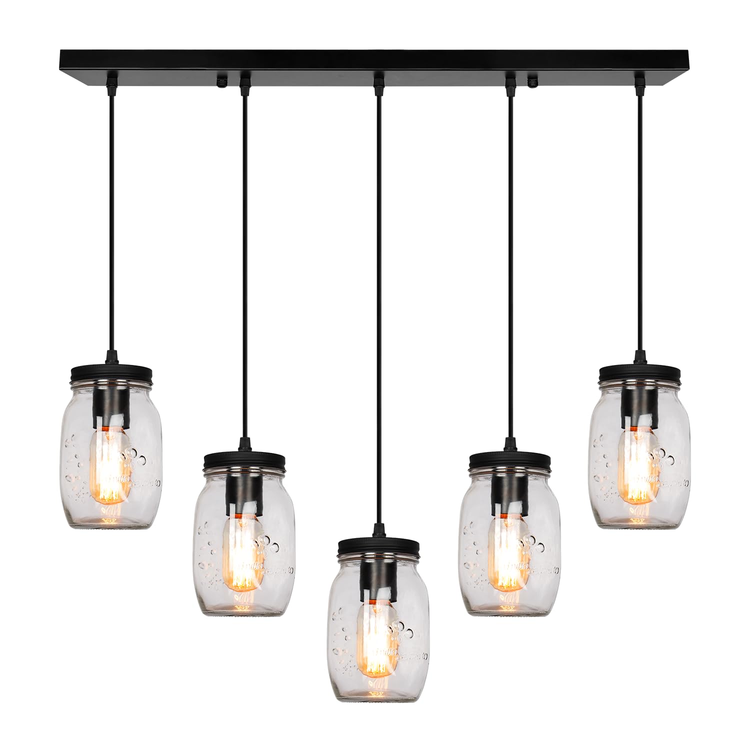 Jasopaco Glass Mason Jar Light Fixtures, 5-Light Adjustable Height Pendant Ceiling Lights Flush Mount - Black Country Farmhouse Lights For Kitchen Dining Room Foyer Stairway Hallway Entryway Porch