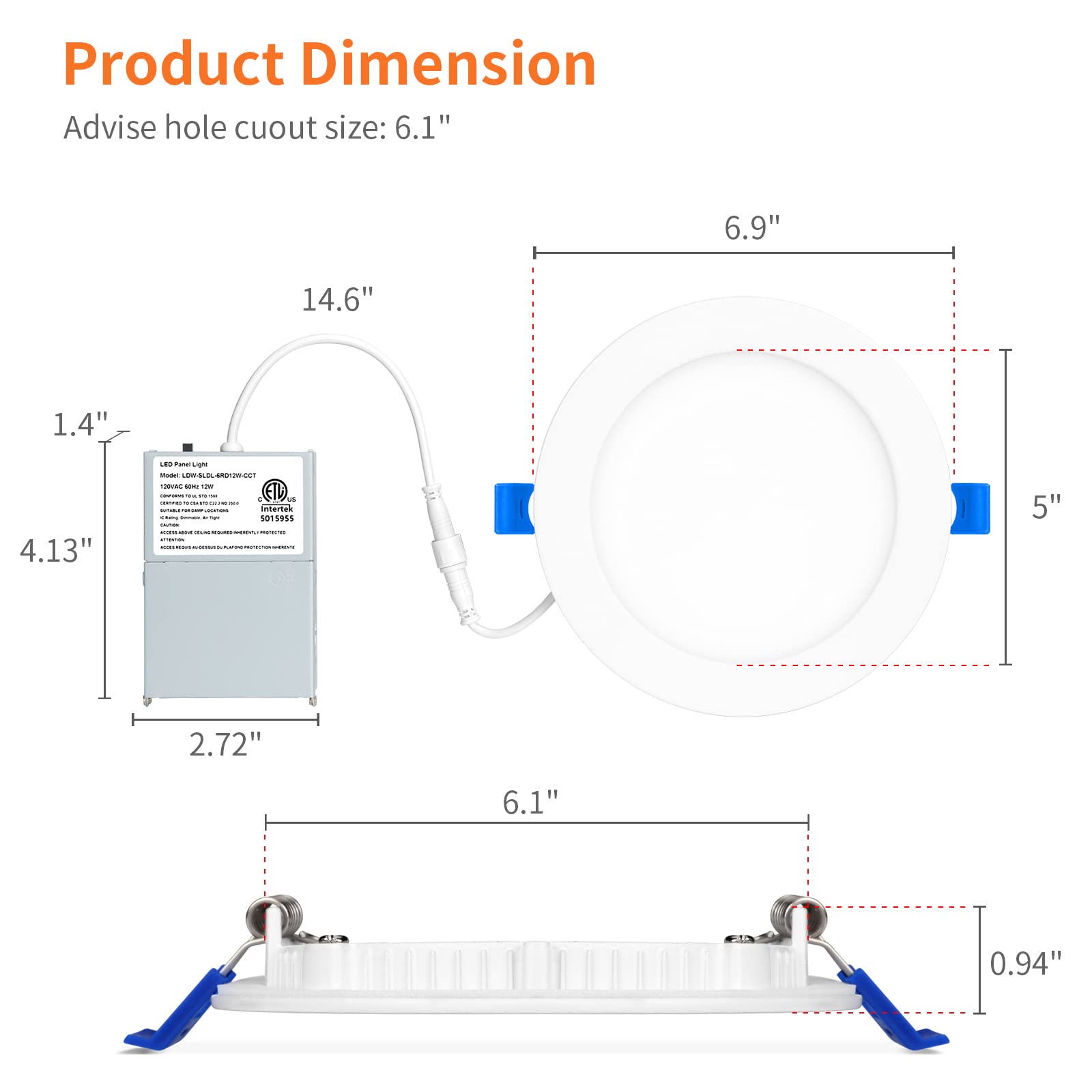 Meconard 6 Inch 5CCT LED Recessed Lighting, Dimmable Ultra-Thin Downlight, 2700K-5000K, 12W=110W,