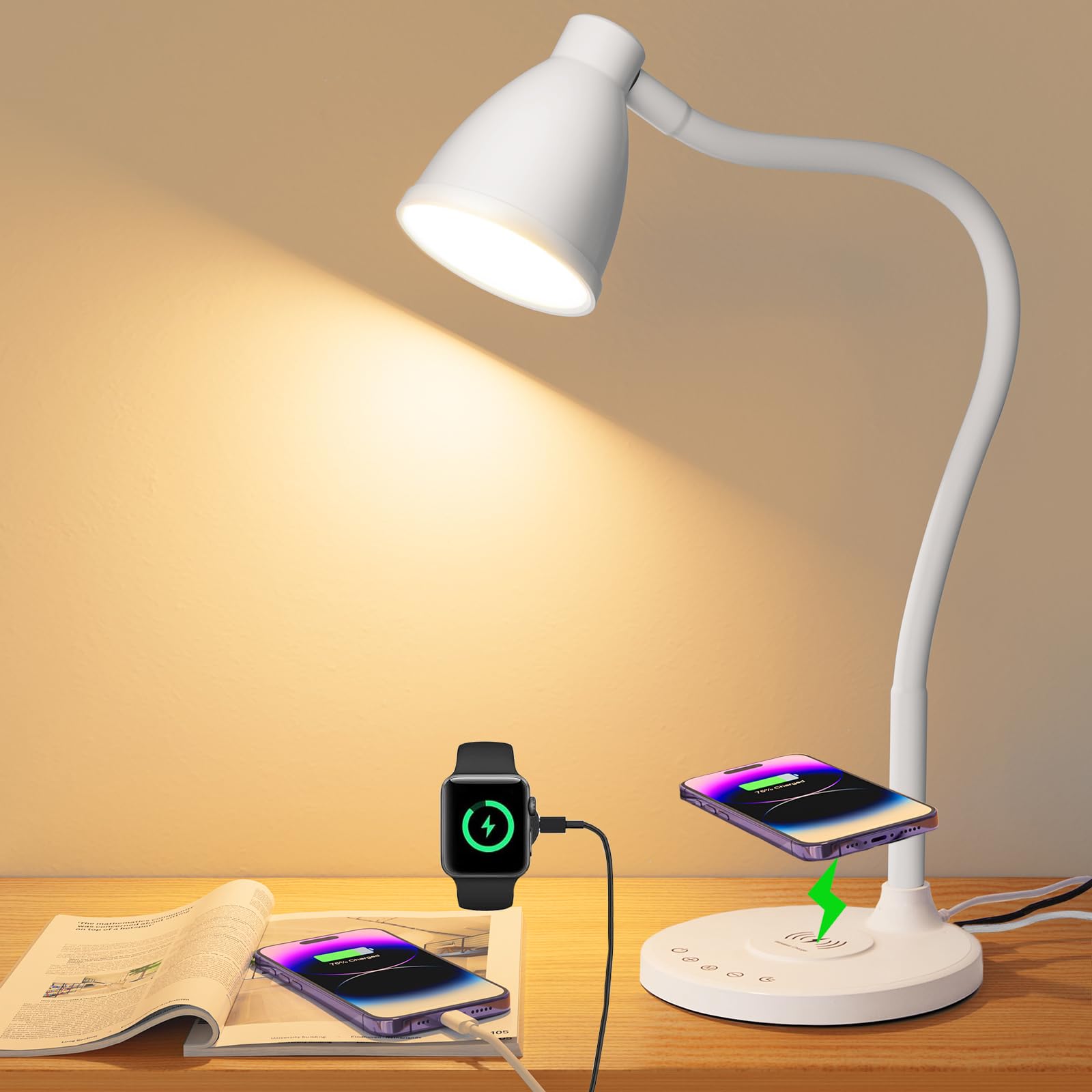 BOHON LED Desk Lamp with USB C+A Ports, Wireless Charger, Touch Control, 5 Colors Dimming, Model BH-WCDL-01, White