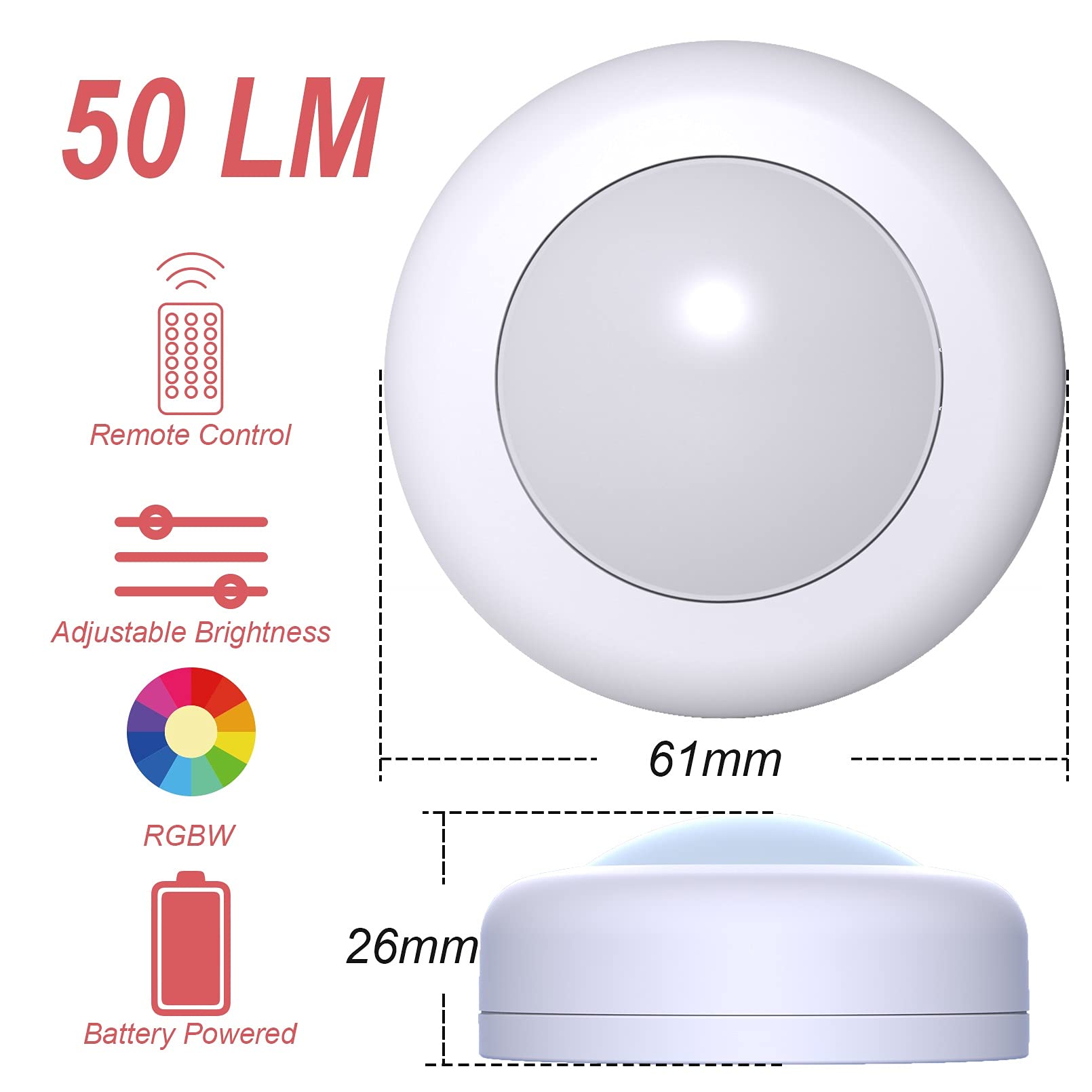 Hfcdl Led Puck Lights With Remote Control, 50Lm Rgbw Color Changing Closet Battery Light, 13 Colors Stick-On Under Cabinet Light