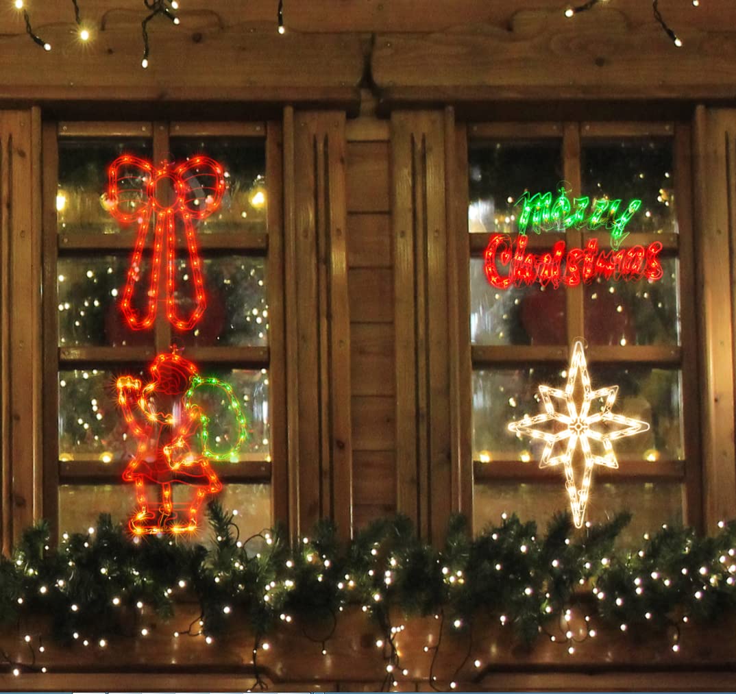Lamphome 4 Pack Lighted Merry Christmas, Bethlehem Star,Bow,Santa Christmas Window Silhouette Lights Decorations For Christmas,Party,Home,Patio Lawn,Garden