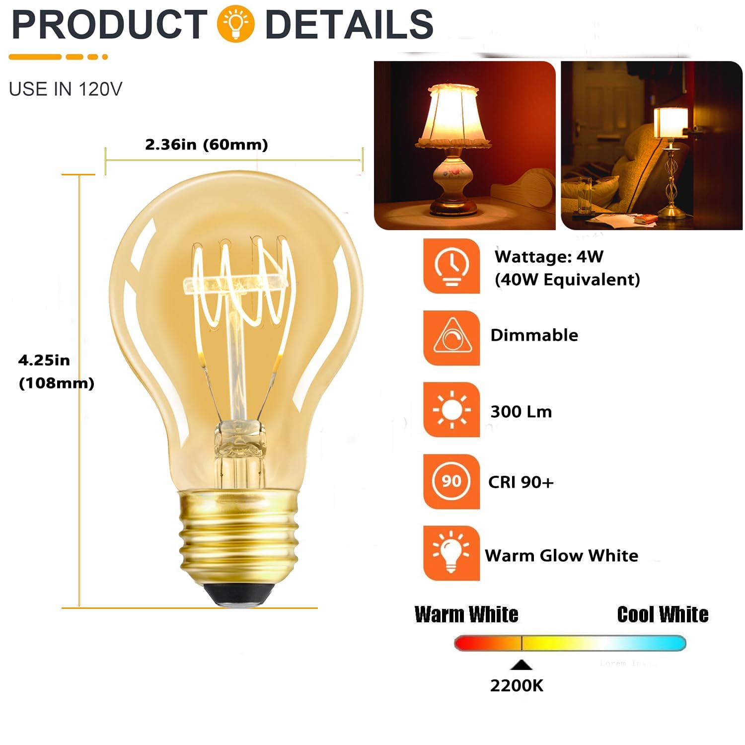 Ldchiuen Dimmable Led Edison Light Bulbs 4W 40 Watt Vintage Warm A19 E26 2200K Light Bulbs Antique Spiral Decorative Amber Light