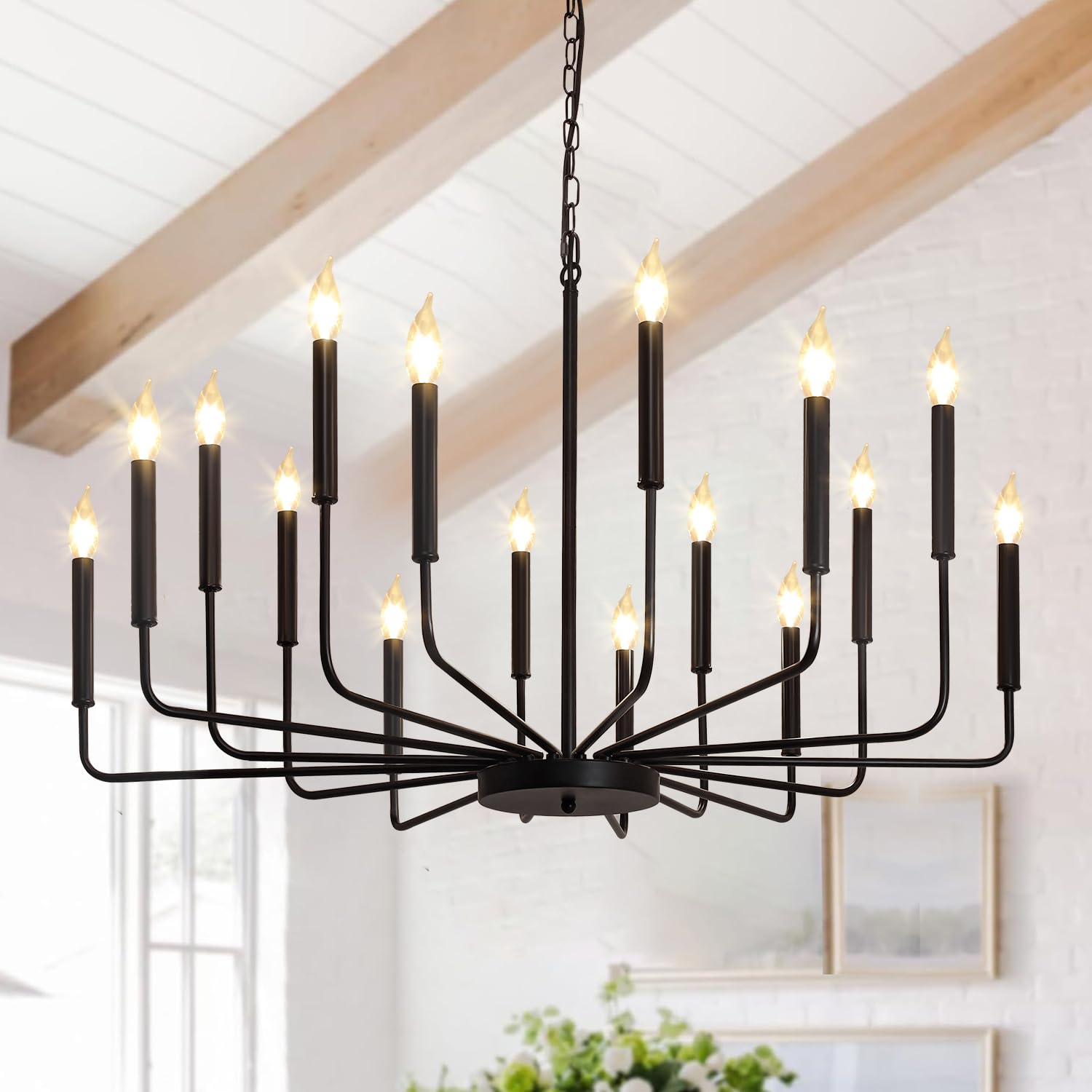 Rviezza Black Chandelier, 16 Light Farmhouse Chandeliers For Dining Room Lighting Fixtures Hanging, Candle Chandelier Light Fixtures, Industrial Chandeliers For Living Room Kitchen Staircase Foyer