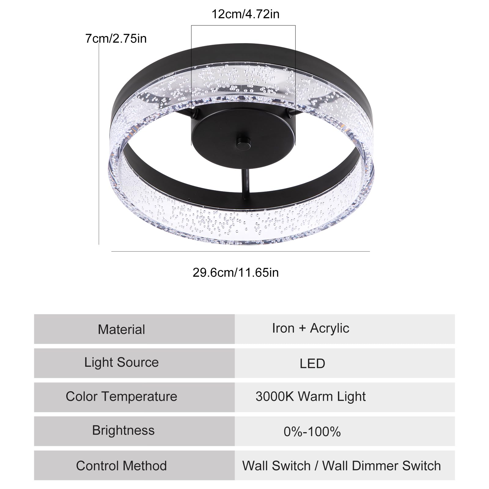Jaycomey Modern Led Ceiling Light Fixture, 11.65'' Black Flush Mount Kitchen Lighting With Clear Seeded Acrylic Lampshade,Round