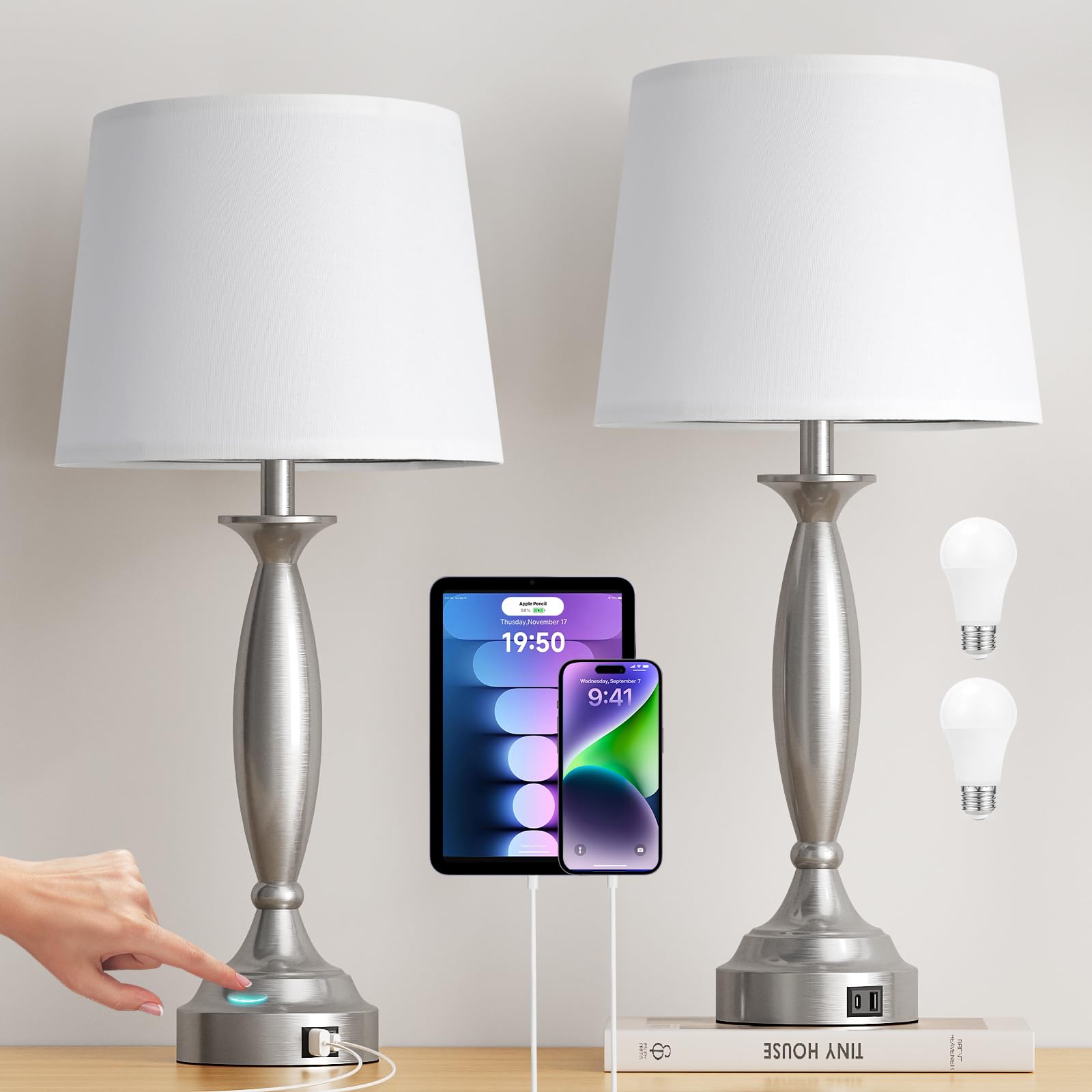 Seealle 25.5 White Lamps for Bedrooms Set of 2 - Touch Control Bedside Lamp with USB C+A  3 Way Dimmable Nightstand Lamps with USB Port  Table Lamp for Living Room(White Shade and Nickel Base)