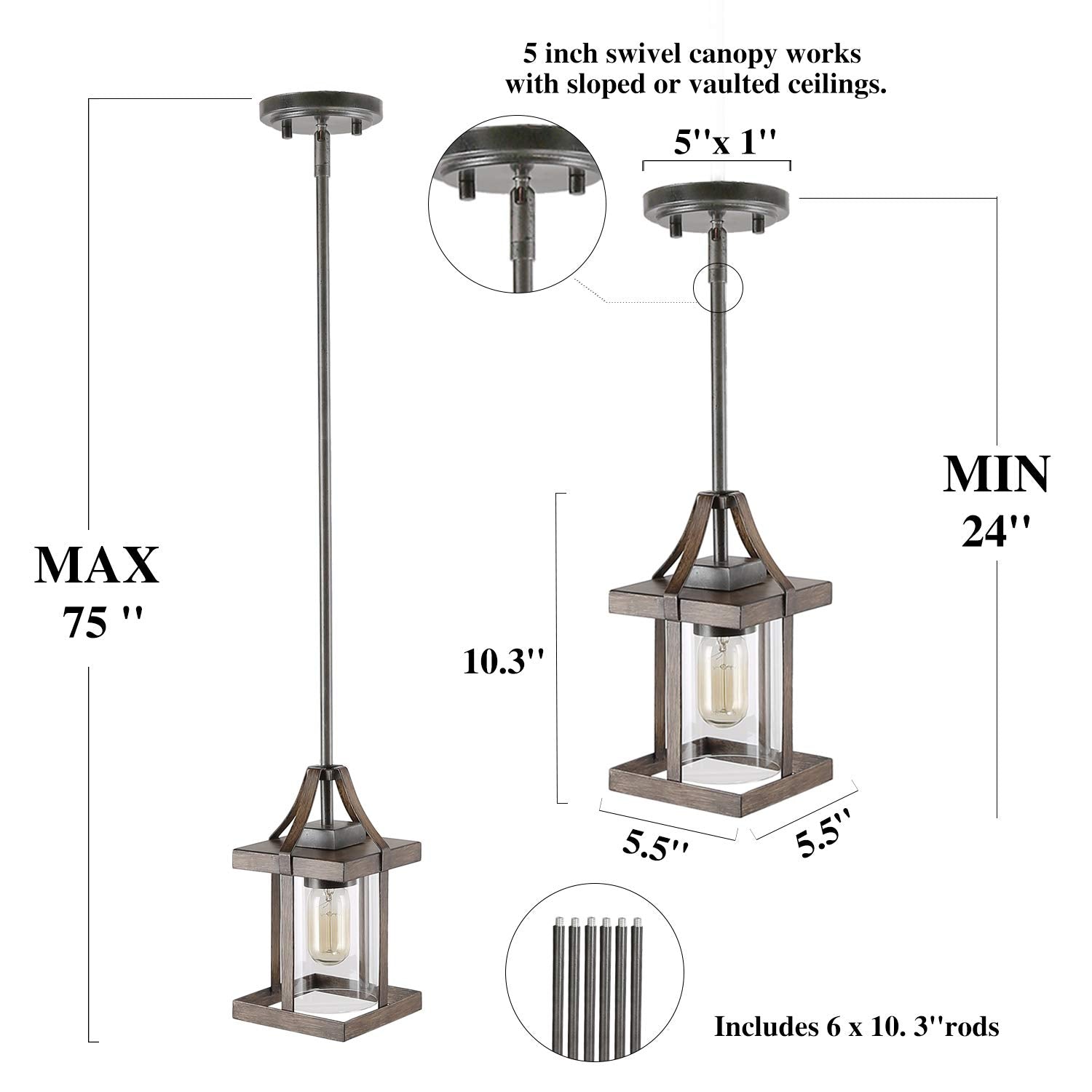 LNC Faux-Wood Pendant Light - Metal & Glass Farmhouse Fixture for Kitchen, Bedroom, Dining, Foyer - Brown, Model A03408