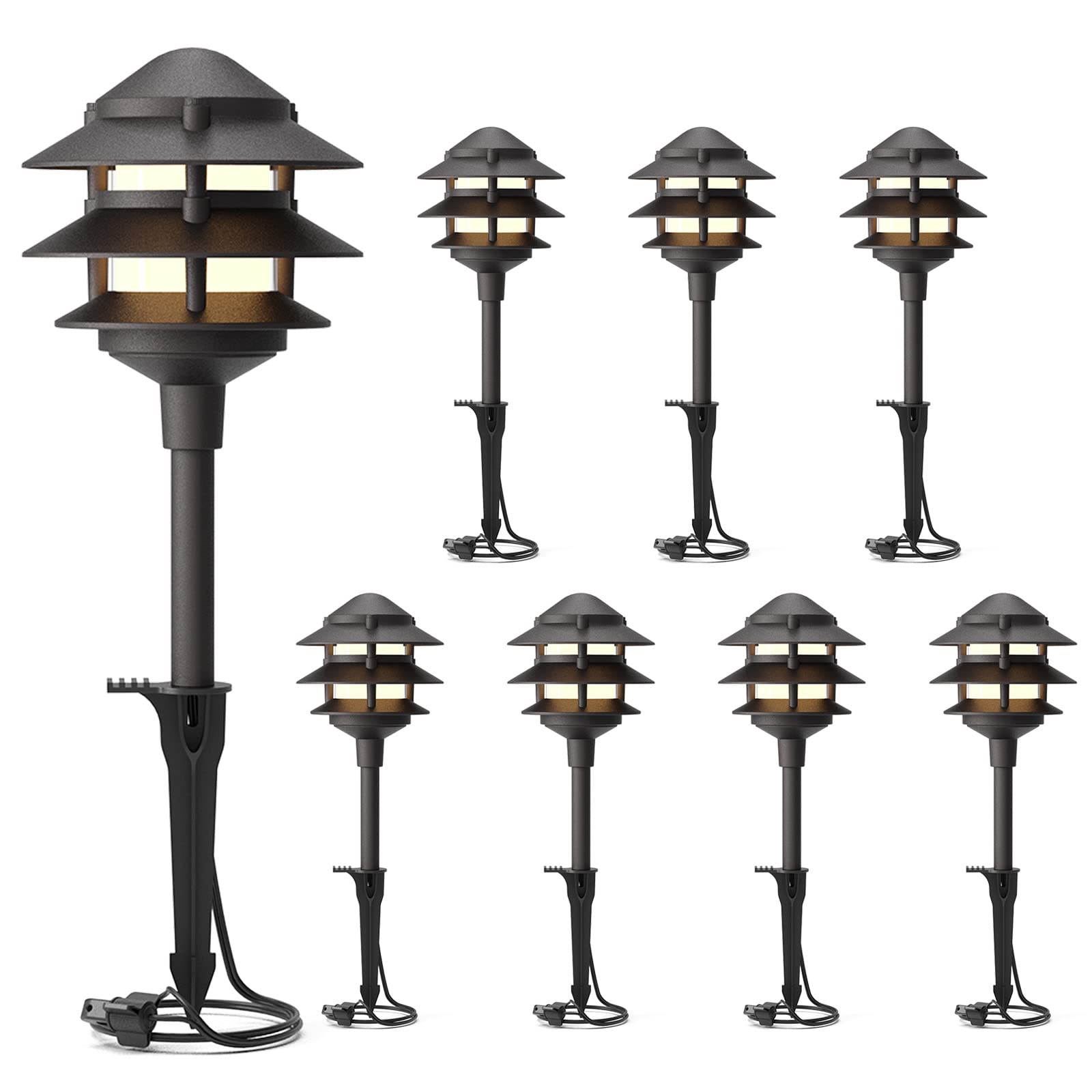 GOODSMANN Landscape Lighting Pathway Lights 8PK Low Voltage 2.2W LED 12V AC 30 Lumen Warm White Black Aluminum Stakes Model 9122-21102-S