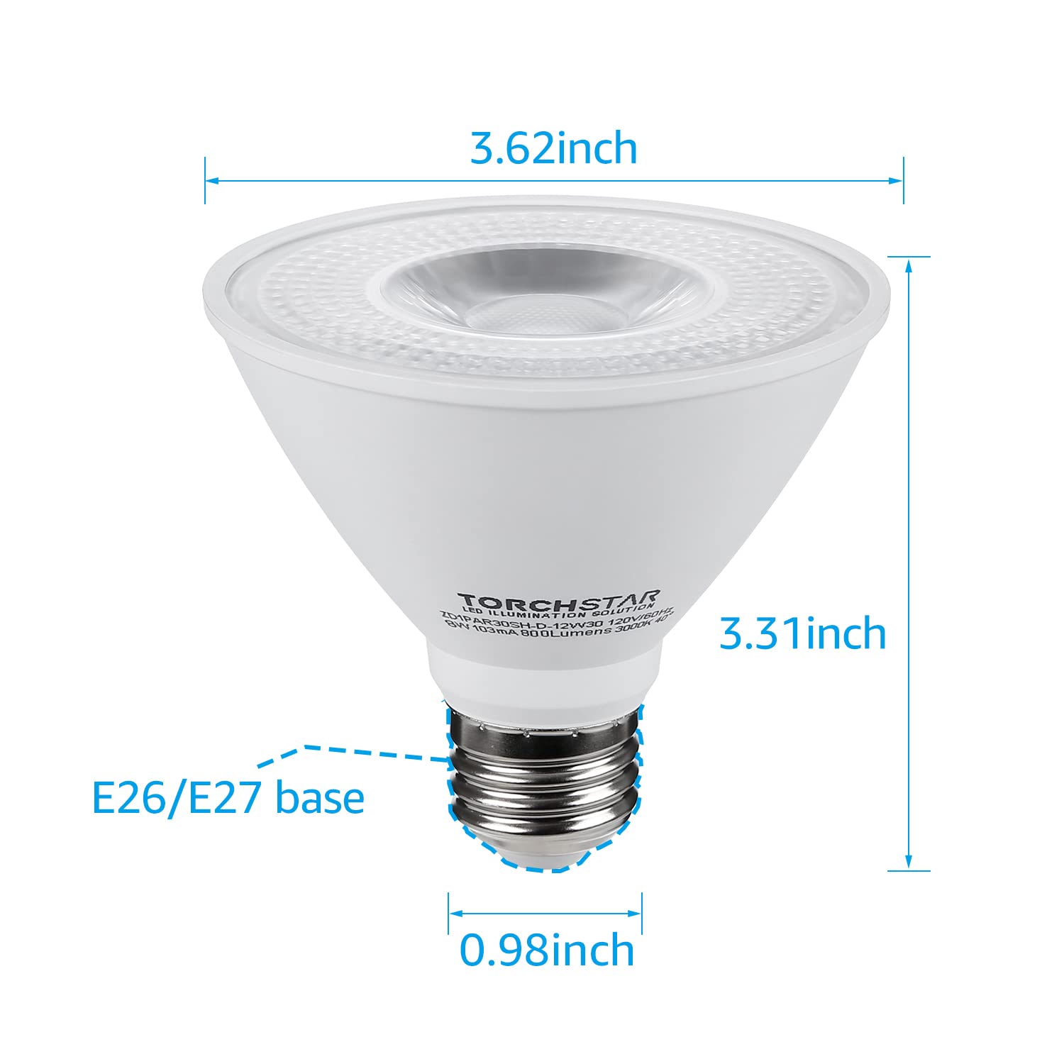 TORCHSTAR PAR30 Short Neck LED Bulb, Dimmable, 800 LM, 3000K Warm White, E26 Base, 8W Equivalent, Pack of 6