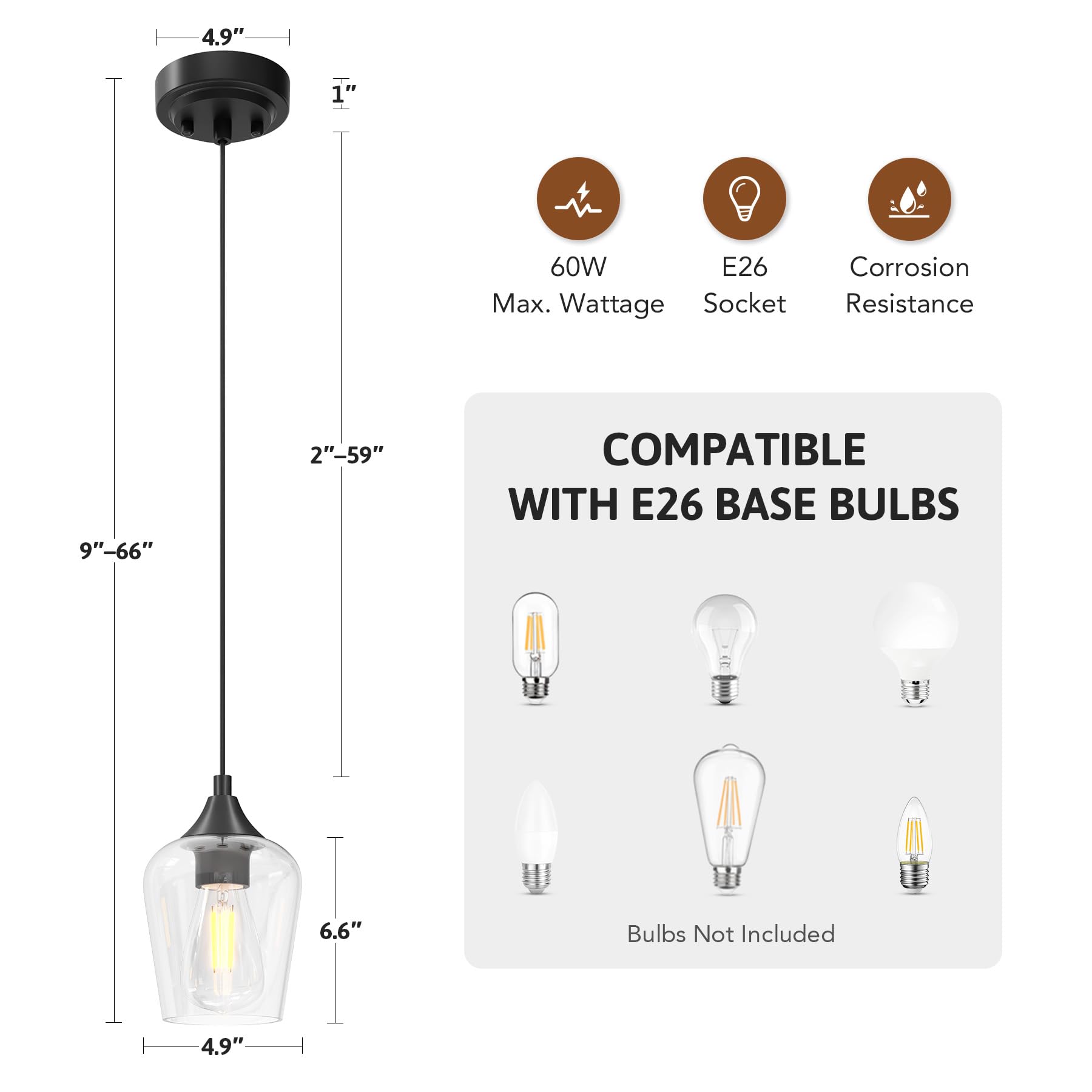 VONLUCE Pendant Lights - Matte Black Modern Fixtures, E26 Base, Adjustable Cable, 2 Pack, Glass Shade for Kitchen, Living Room, Hallway