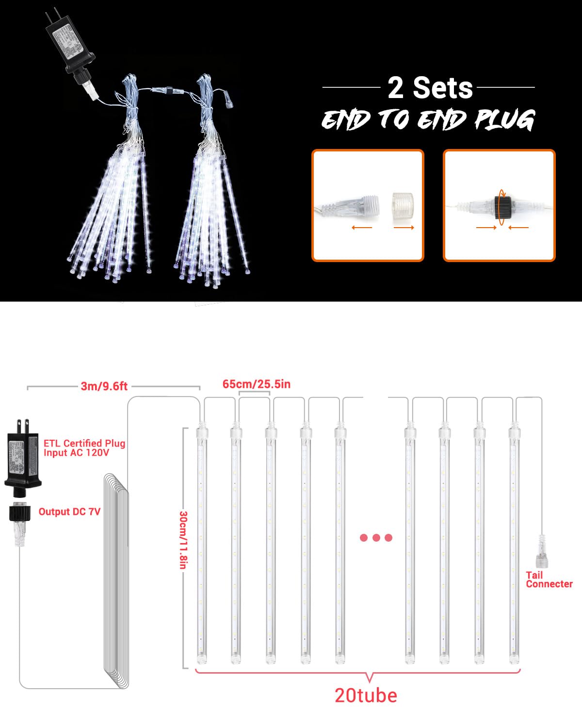 Ibaycon 20 Tubes 480 Led Meteor Shower Rain Lights, 11.8 Inches Cascading Icicle Lights Waterproof Outdoor, Connectable Falling