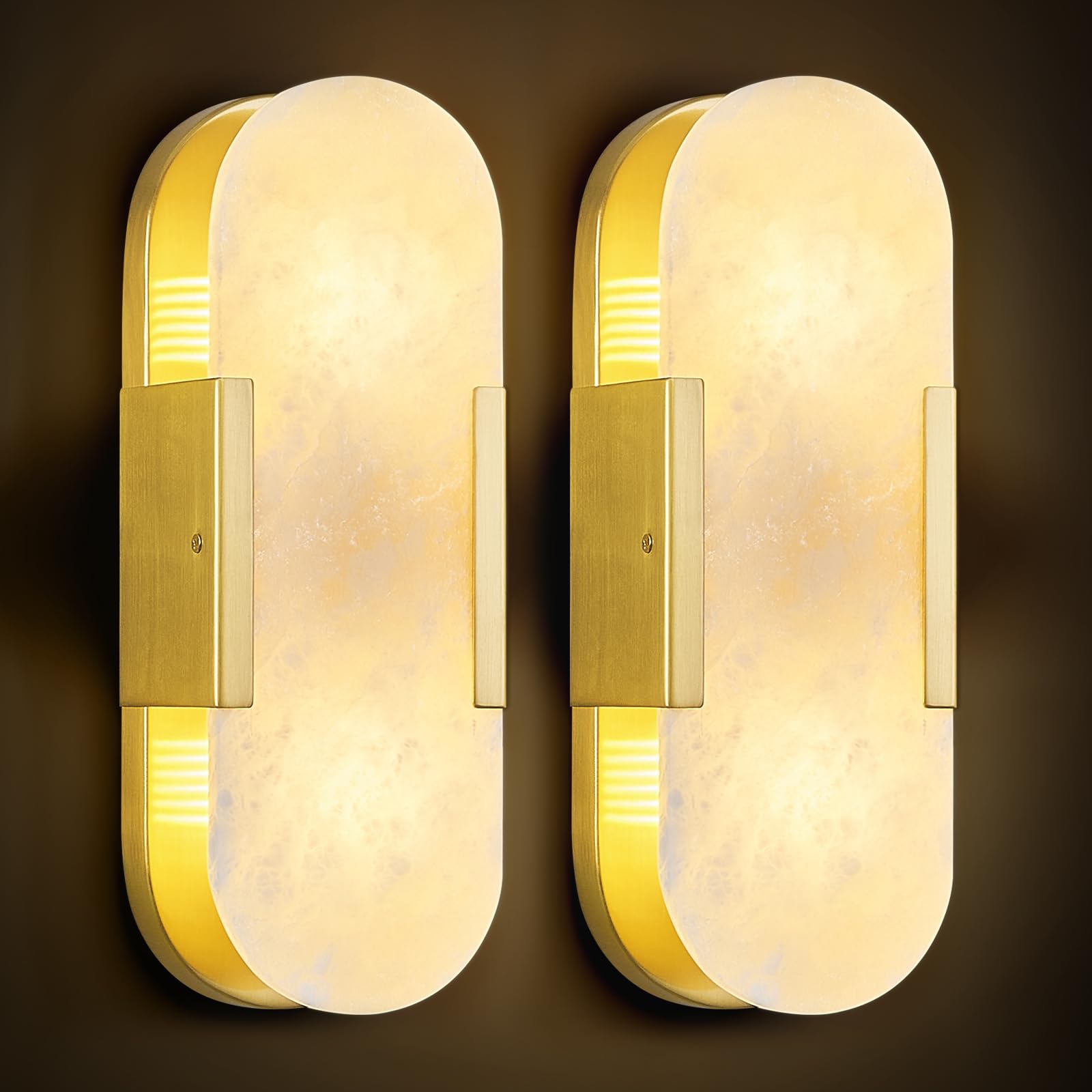 PNJXSRJH Natural Alabaster Wall Sconces Set of Two, Modern Marble Gold Wall Sconce 14 inch Indoor Wall Lighting for Bedroom Bath