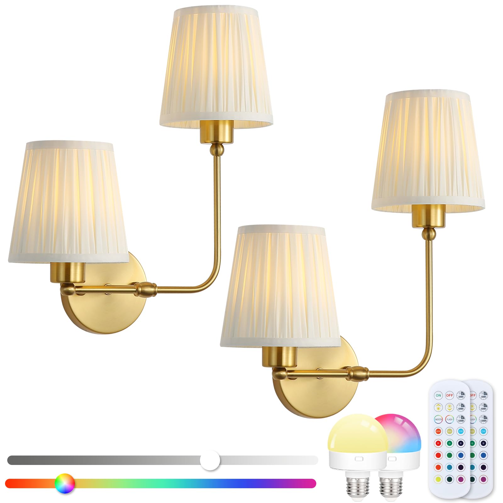 Wireless Sconces Set of 2, Vintage Double Head Battery Operated Wall Sconce, Rechargeable LED Lamps with Remote Control, 15 RGB 