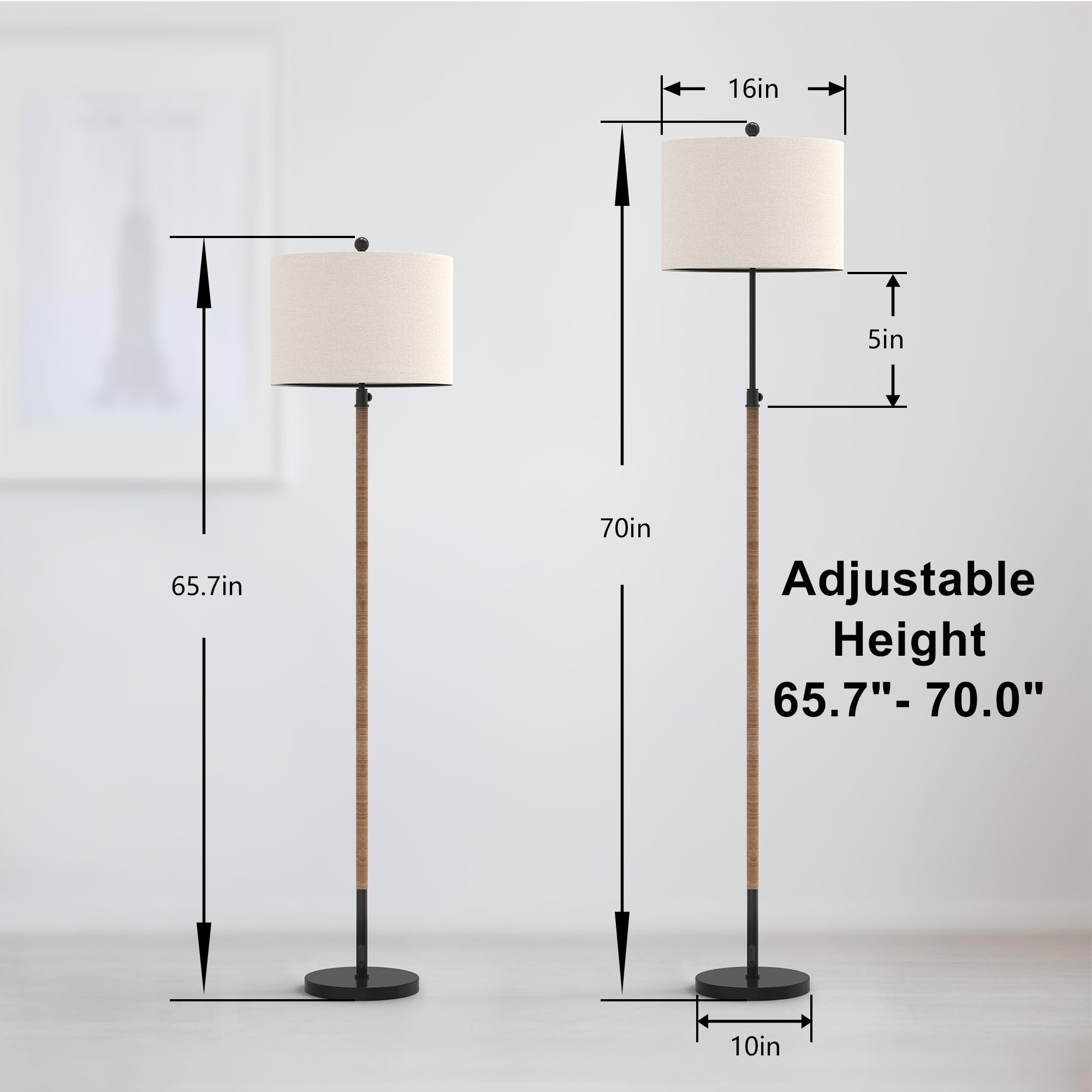 Hightry Farmhouse Rattan Floor Lamp For Living Room, Adjustable Height:65''-70'' Brass Gold Standing Lamp, Boho Tall Skinny Pole