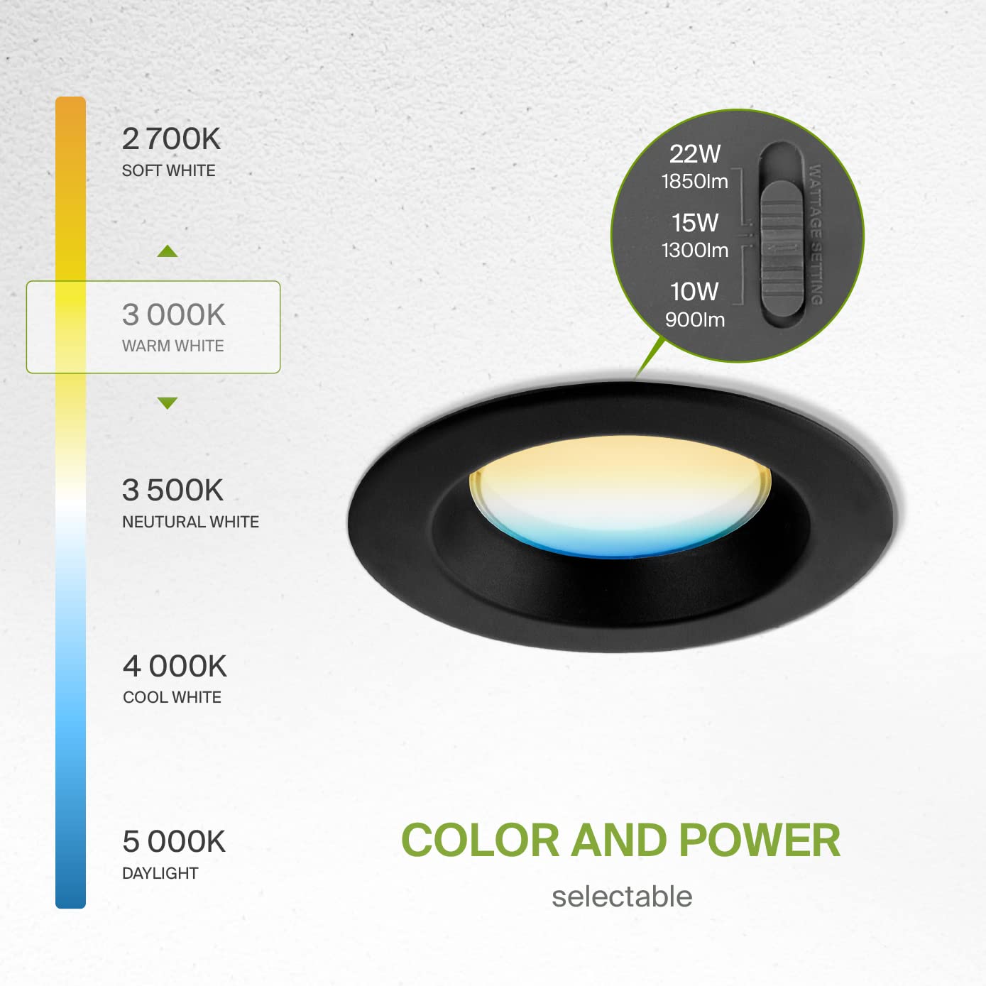ASD 6 Inch Canless LED Downlight, 10/15/22W, Dimmable, 5 Color Temps, 120-277V, Aluminum, 8 Pack, Black