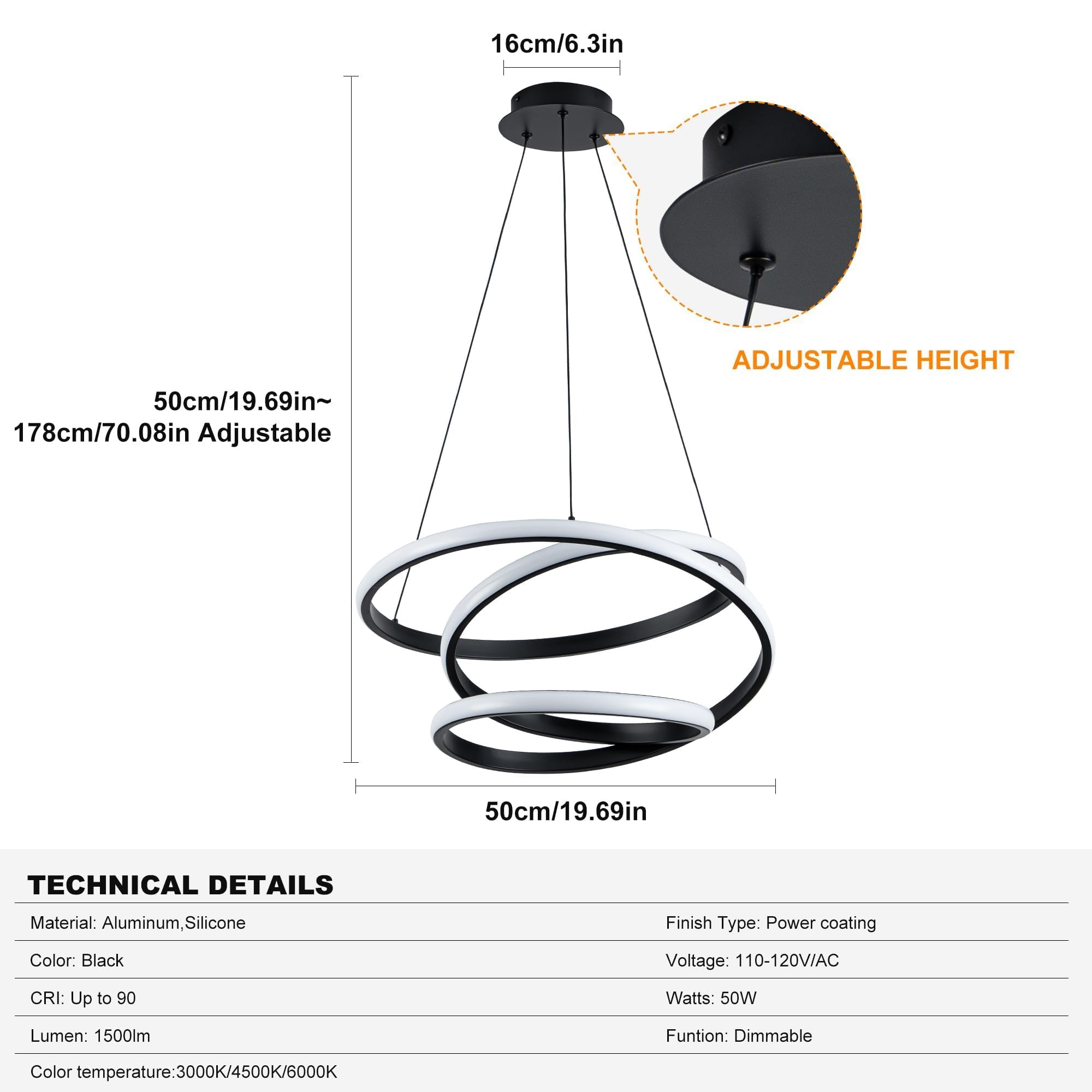 Mayful Modern Chandelier With Remote Control  3-Color Dimmable Led Pendant Light Fixtures  Height Adjustable Kitchen Island Lighting For Dining Room Bedroom Living Room Foyer Office Black 19.7 Inches