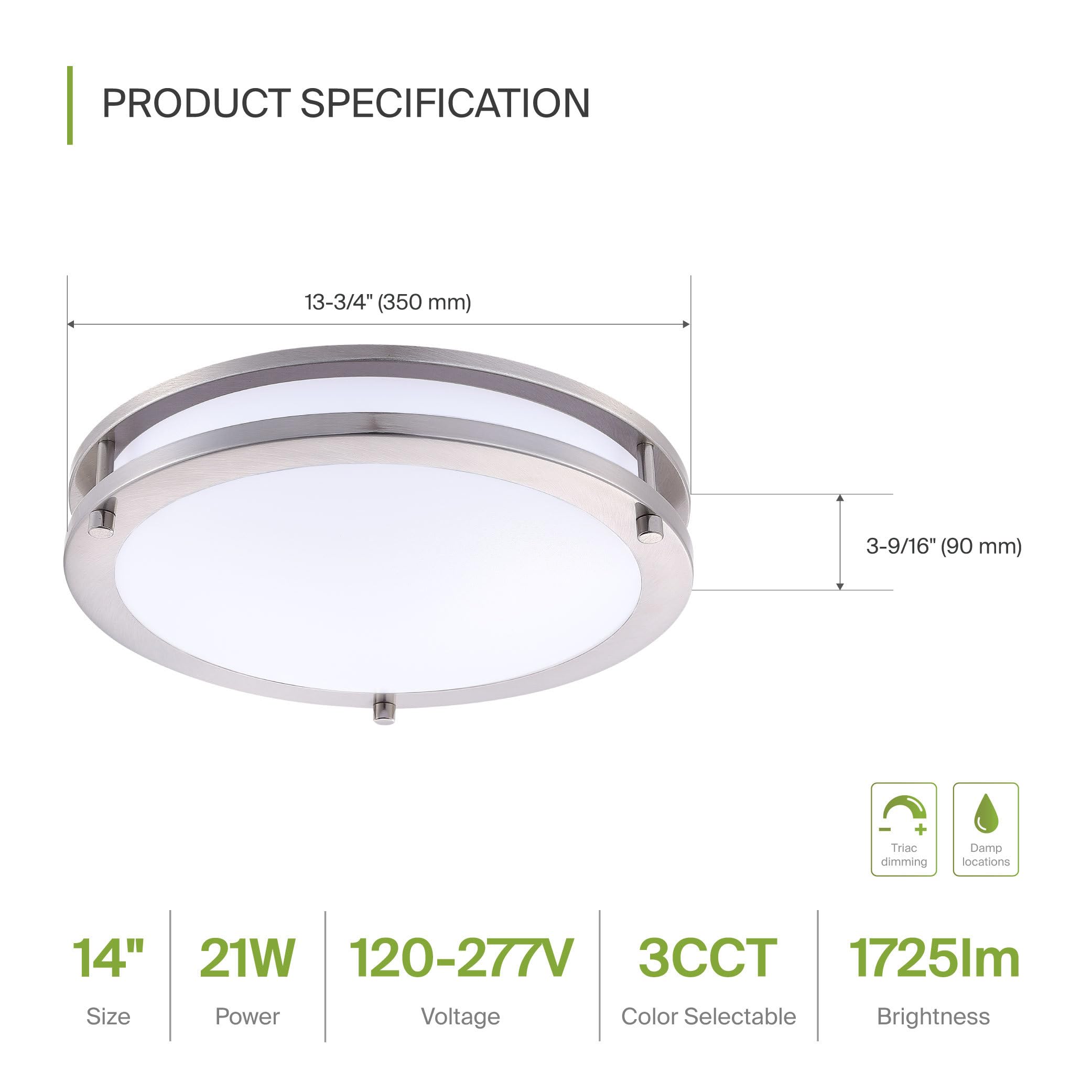 ASD 14 Inch LED Flush Mount Light Fixture, 21W 1750LM, Dimmable, Energy Star, Brushed Nickel, Model A-DR-MV-14D21CC