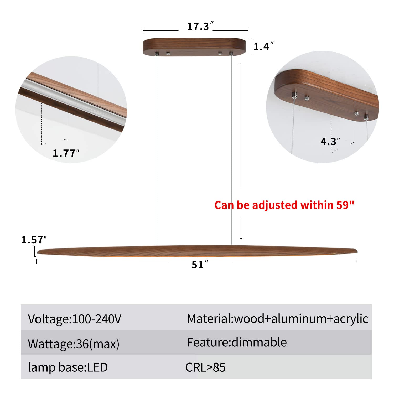 Yisdesign 51'' Wood Linear Pendant Light Wood Dining Room Light Fixture Modern Pool Table Lights Kitchen Island Lights For Dinin