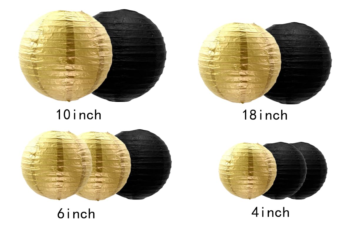 AimtoHome Paper Lanterns Decorations, 10 Pcs, 4-10 in, Black/Gold, Model XDW-Paper Lanterns-BK/GD-10PC
