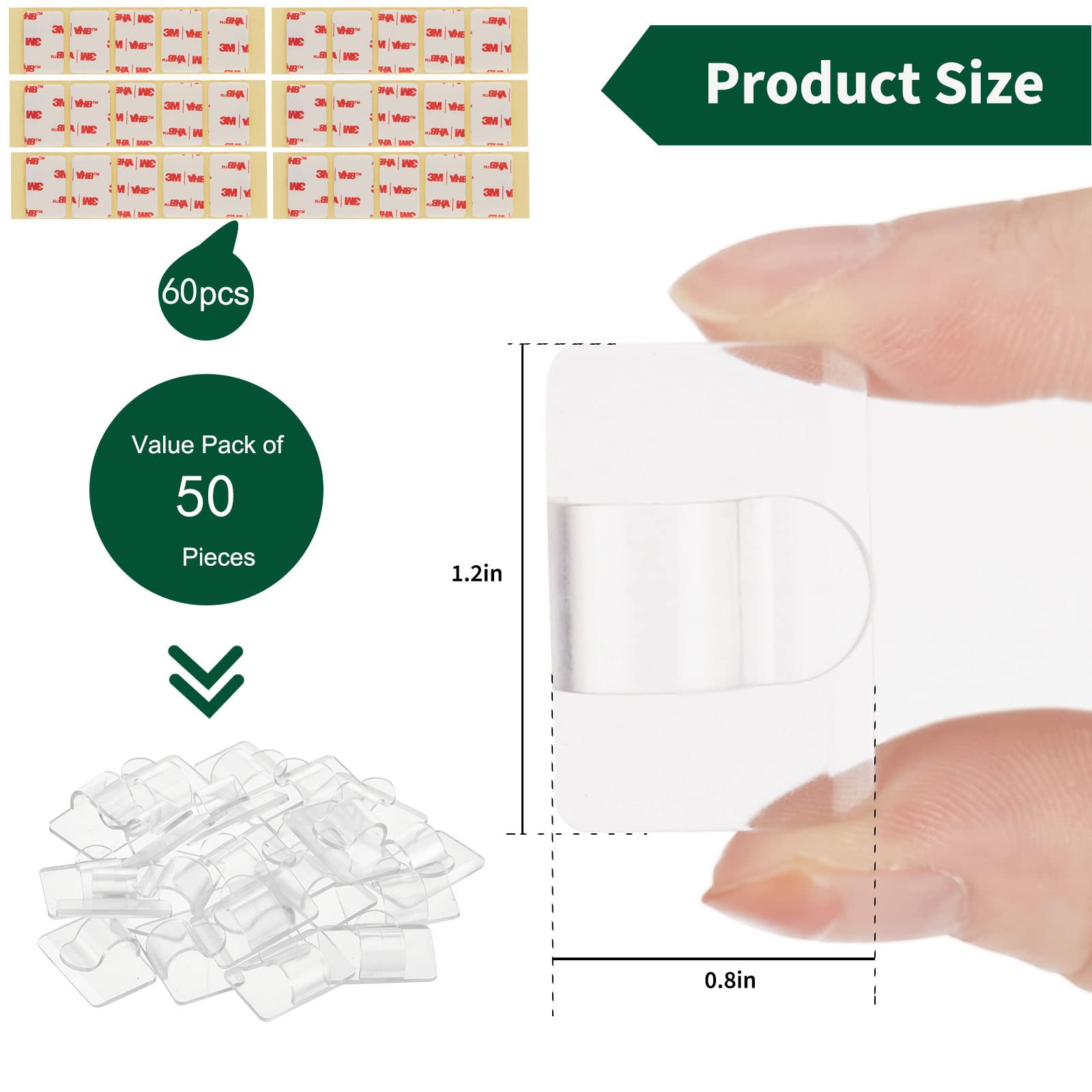 Brightown Clear Light Clips - Strongly Sticky With 50-Clips, 60-Stickers Christmas Light Clips, Uv-Resistant Material, Decorate