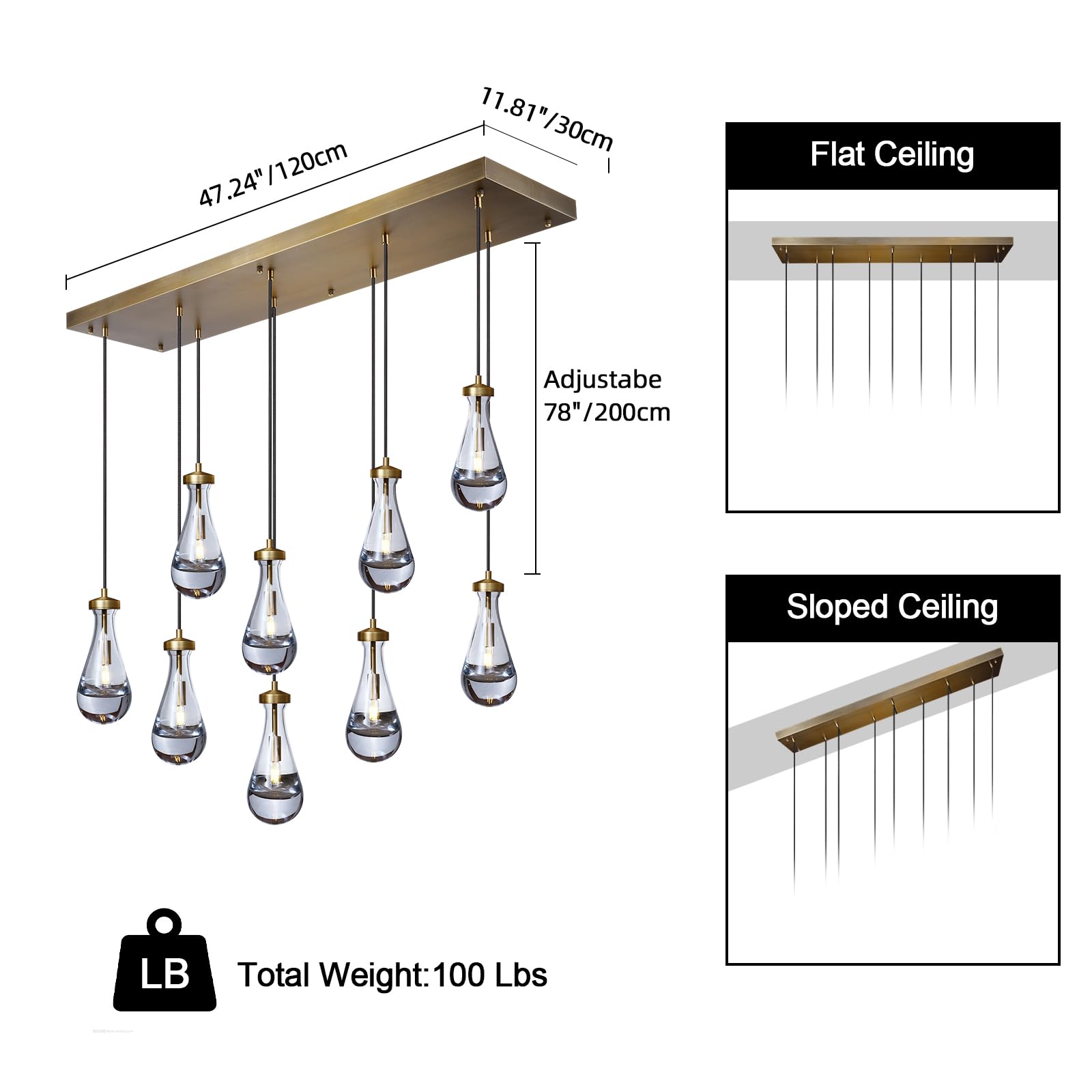 Joyunleo Raindrop 9-Light Brass Pendant Chandelier, Adjustable Rope Hanging Lamp for Dining Room and Living Room