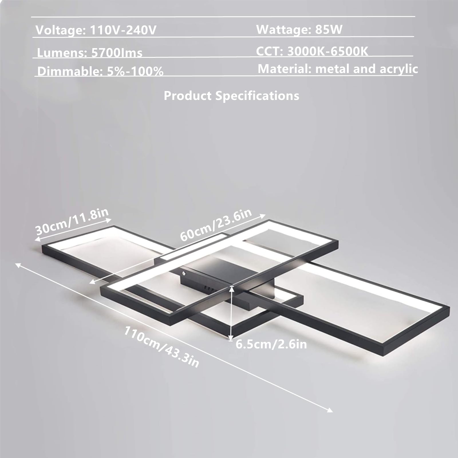 Fbfc 43'' Modern Led Ceiling Light Fixture 65W Dimmable With Remote Control Ceiling Lighting, Black Flush Mount Chandelier Ceili