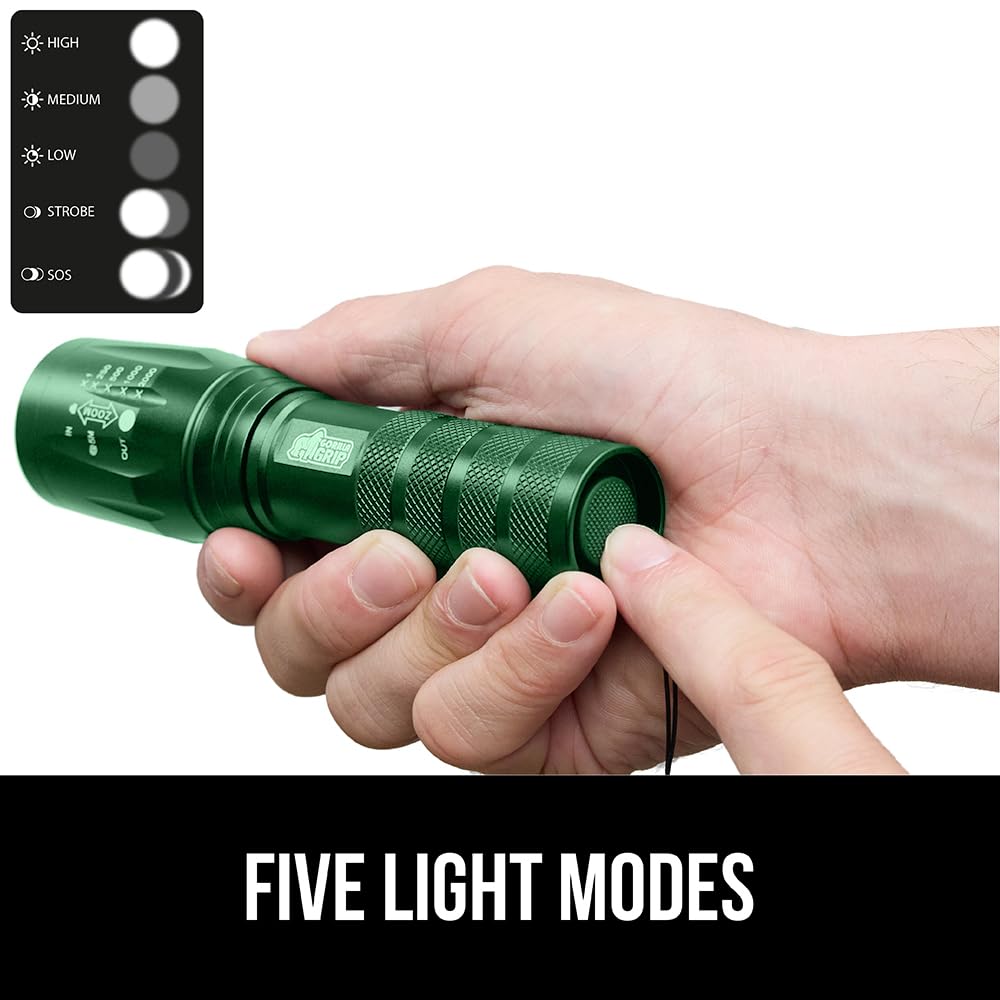 Gorilla Grip LED Tactical Handheld Flashlight, 750 FT Zoom, 5 Modes, Water Resistant, Metal, Hunter Green, Model 840029684931